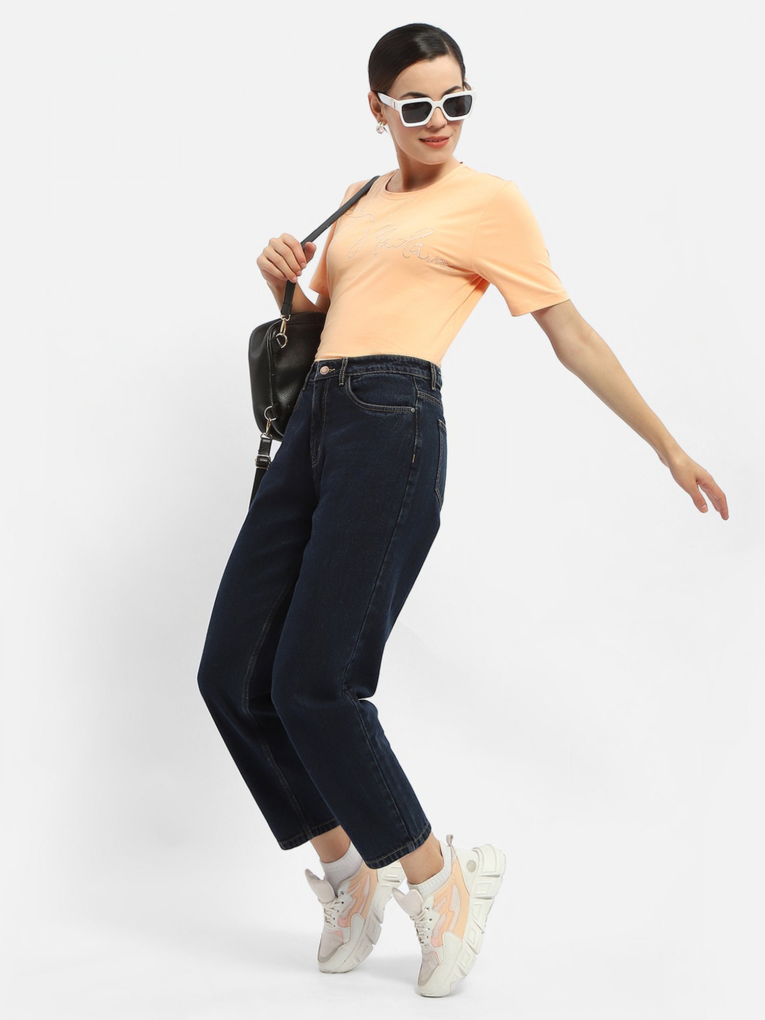 MADAME Peach Cotton Embellished T-Shirt