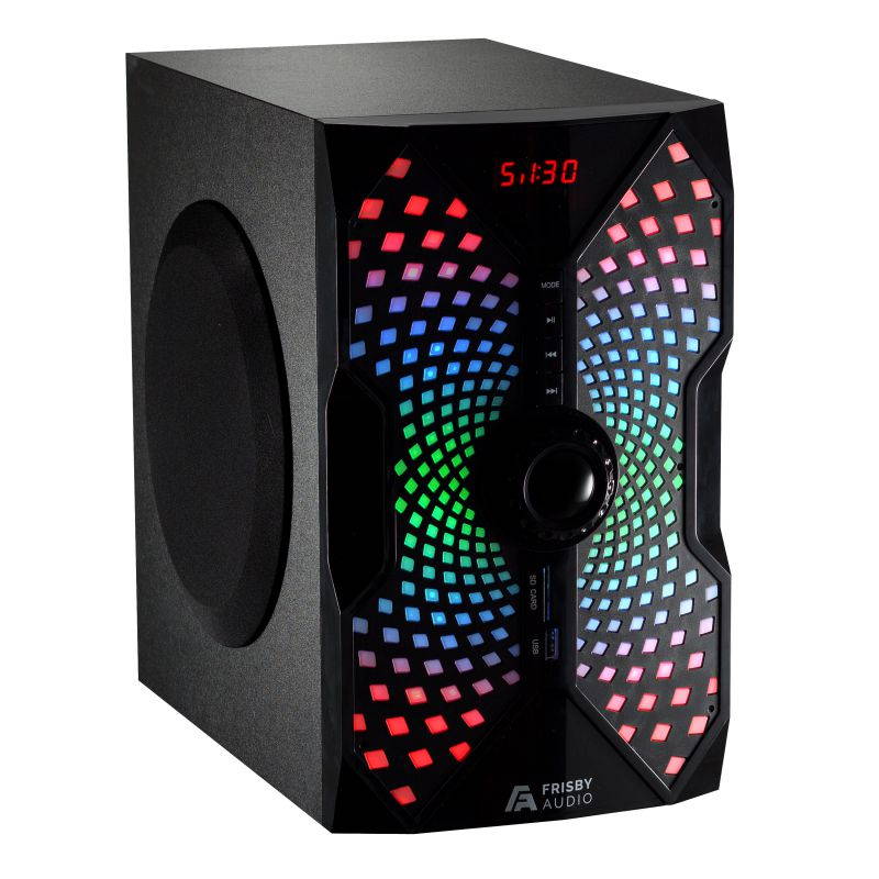 Frisby Audio 125 Watt Home Theater 5.1 Surround Sound Speaker System with Subwoofer, Bluetooth Wireless Streaming from Devices & Media Reader, RGB LED Pulse Lighting, Digital Optical Input &ndash; Black