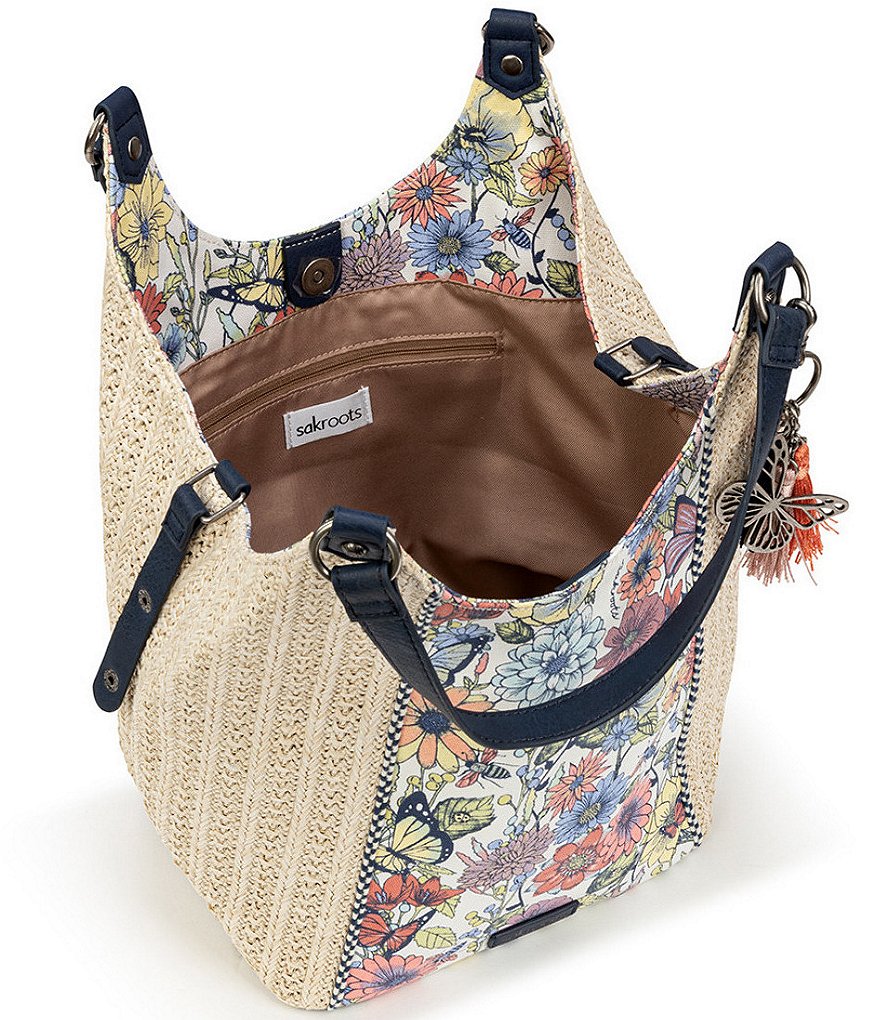 Sakroots Roma Straw Canvas Snap Floral Hobo Tassel Bag