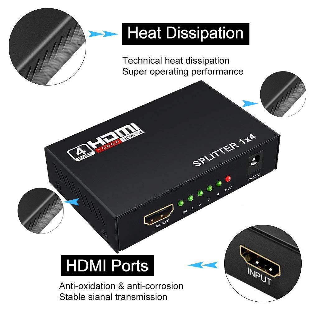 Wanmingtek 4K HDMI Splitter 1 in 4 Out 4K@30HZ HD Powered Splitter Box Supports 4KX2k 3D 1080P 1X4 Port for PC PS3/PS4 Xbox Blue-Ray DVD STB 4K HDTV