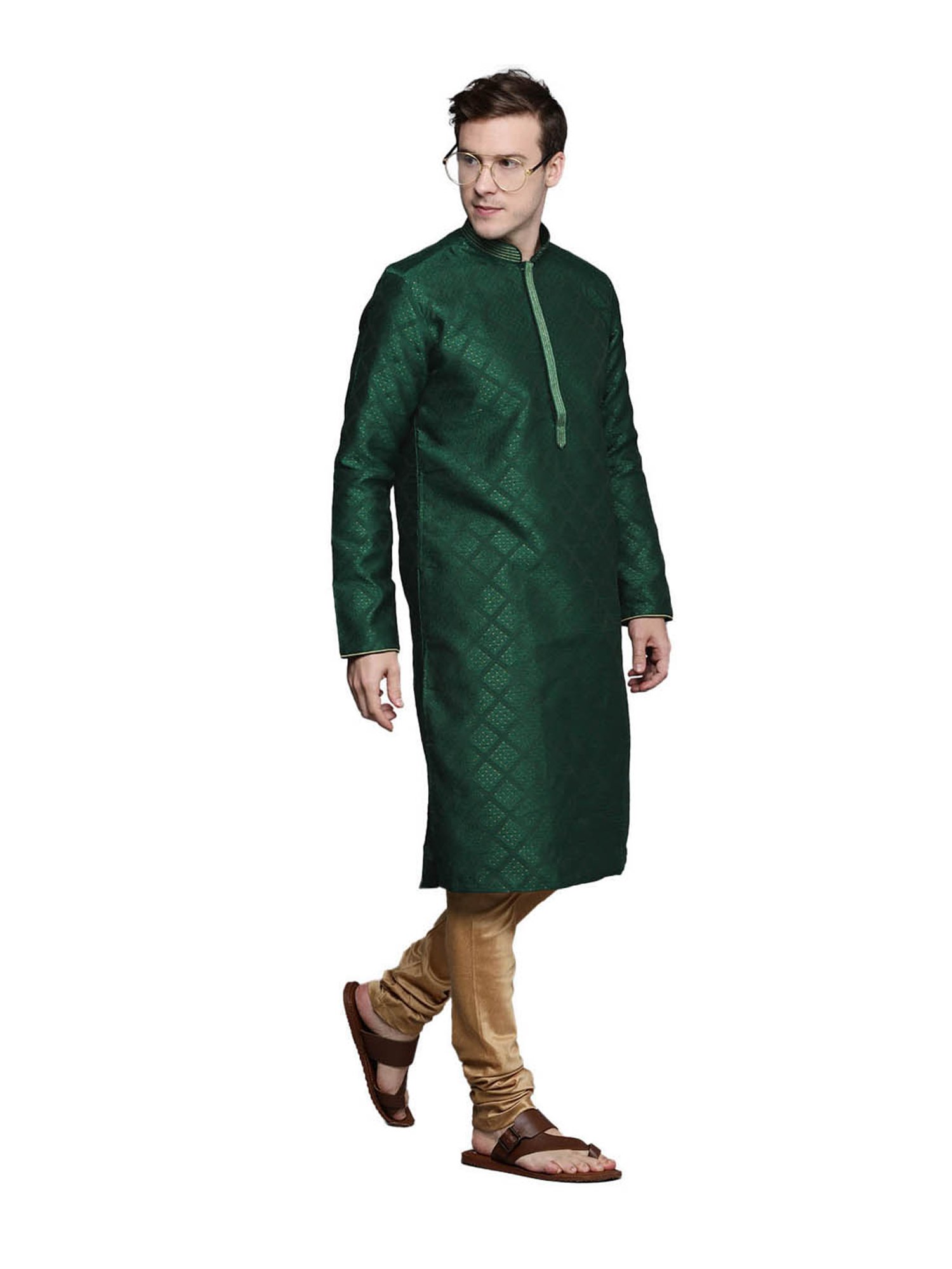 Manyavar Bottle Green & Beige Jacquard Kurta With Churidar Set