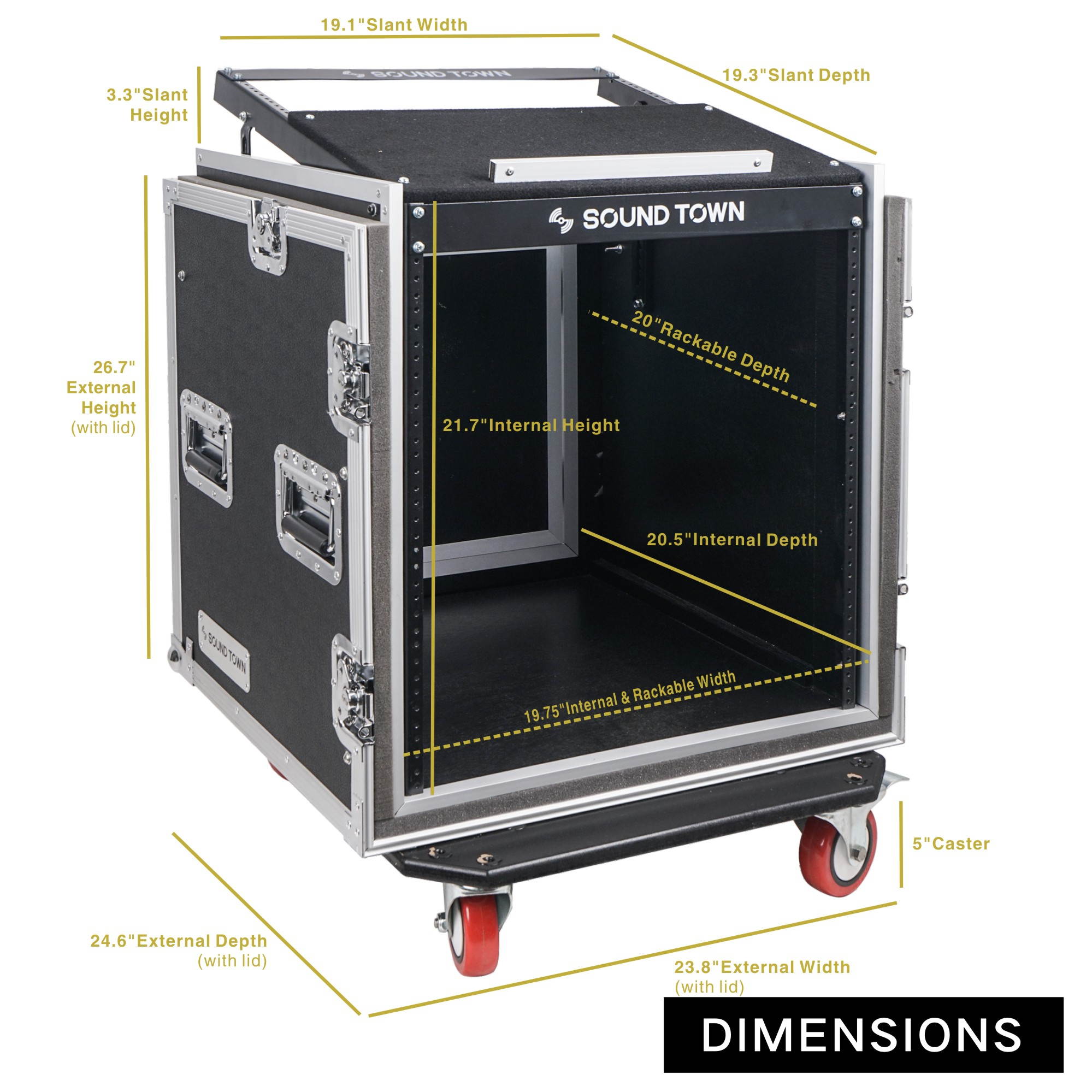Sound Town Shock Mount 12U ATA Rack Case with 20&rdquo; Rackable Depth, 11U Slant Mixer Top and Casters, 12-Space Size (STMR-SP12UW)