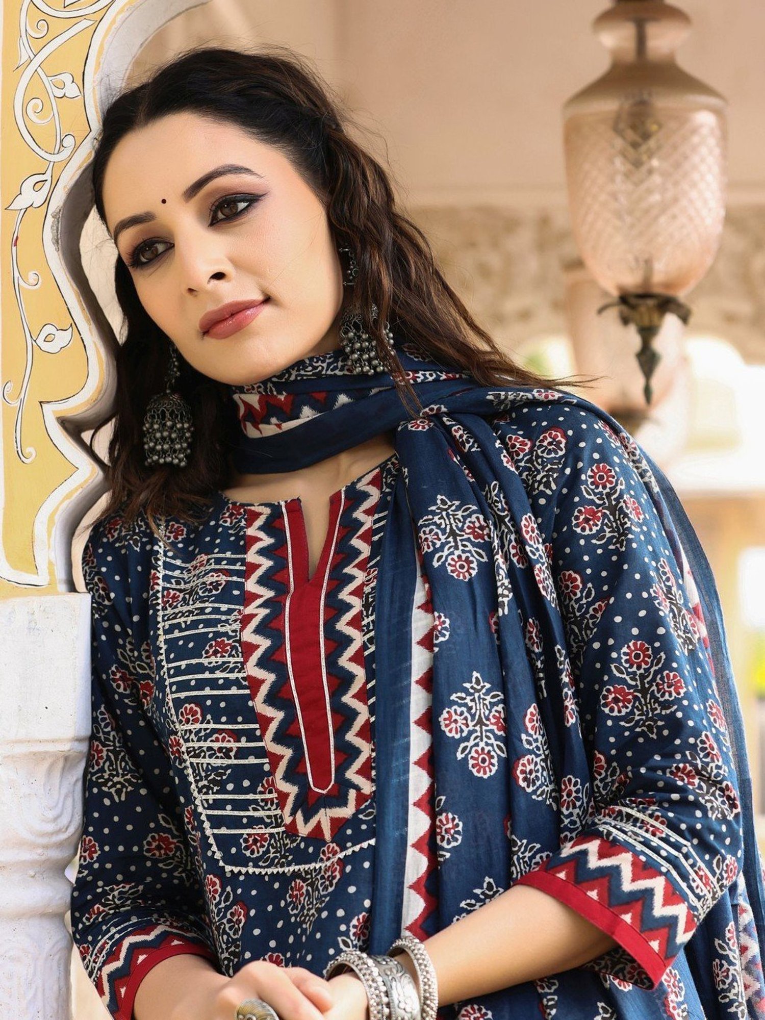 Rain and Rainbow Navy Cotton Printed Kurta Pant Set With Dupatta