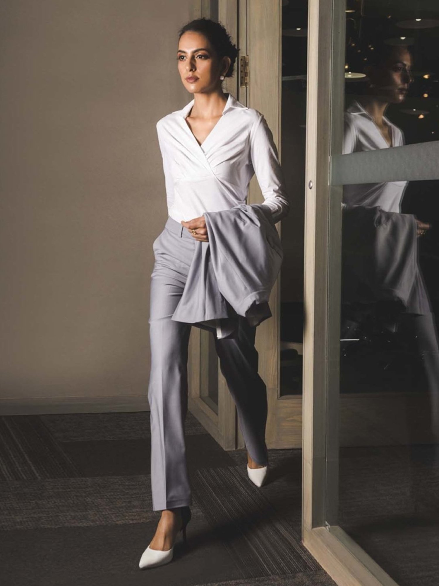 Qua Grey Stretch Wool Tailored Trousers