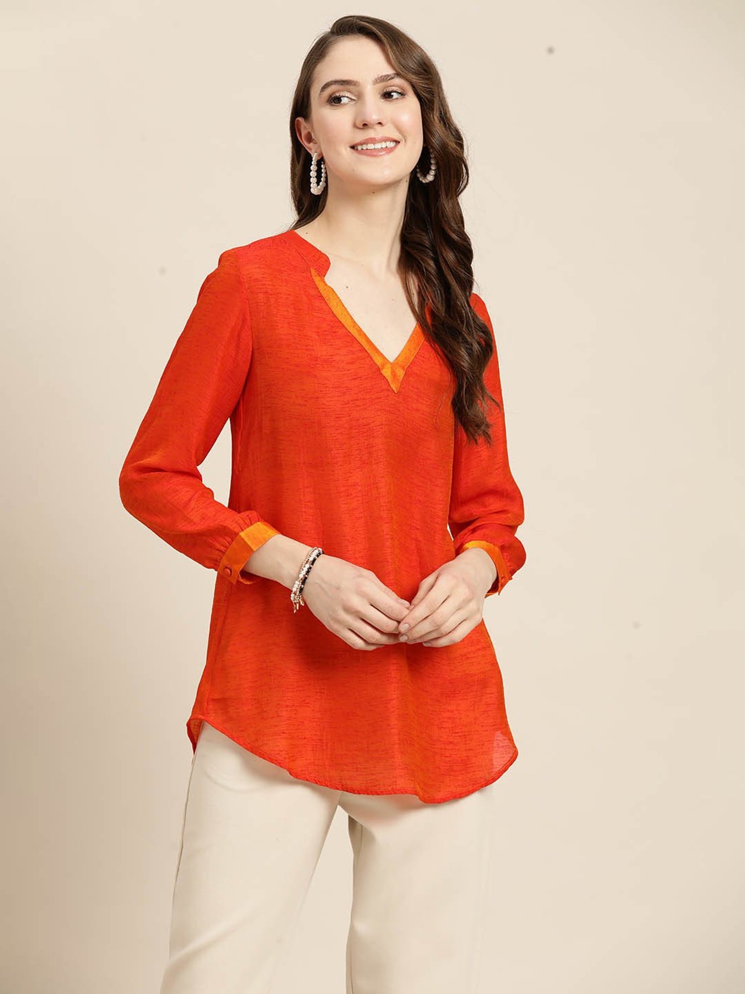 Qurvii Orange Silk Regular Fit Top