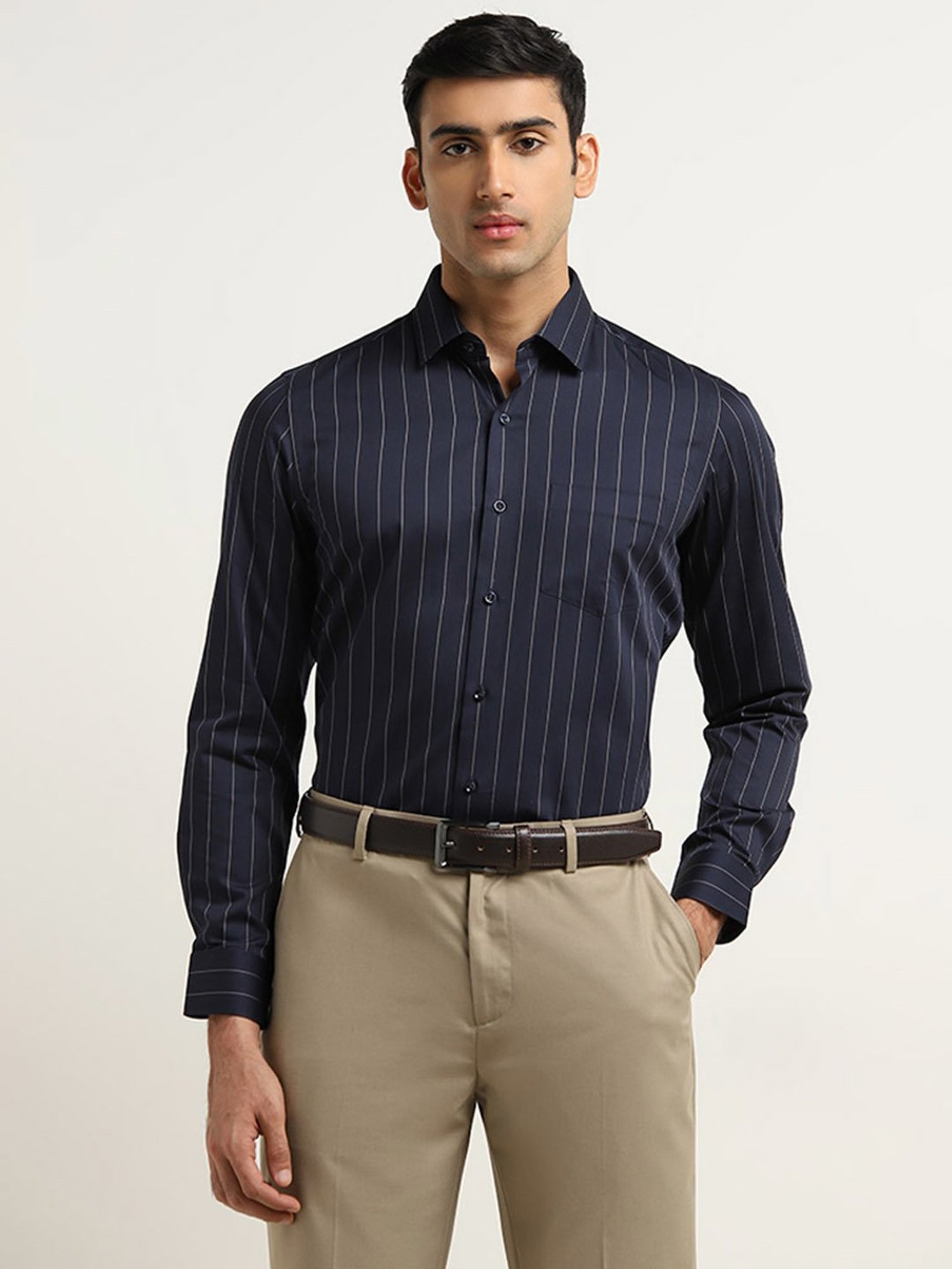 WES Formals by Westside Navy Striped Slim Fit Shirt