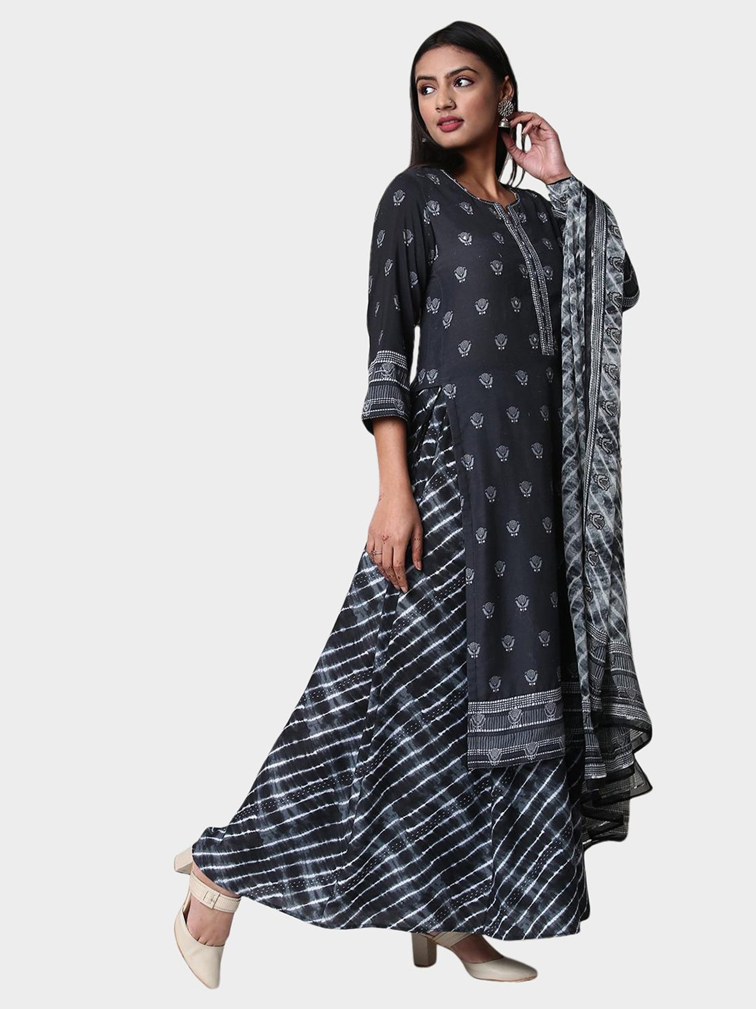 Biba Black Printed Kurta With Skirt & Dupatta