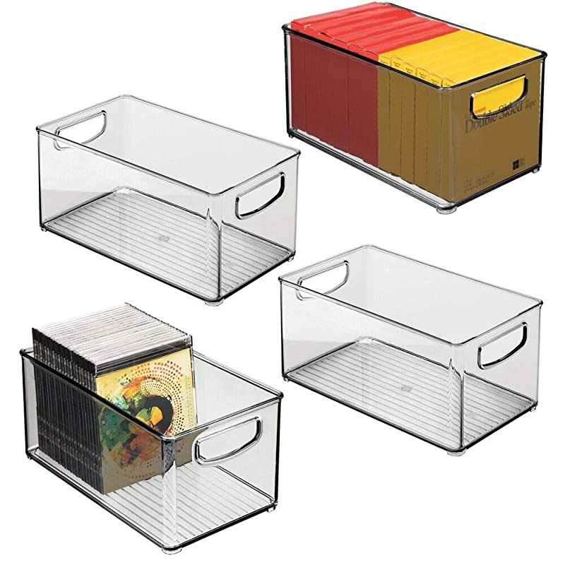 Stackable Plastic Storage Bin Container with Handles for Home Office - Holds Gel Pens, Erasers, Tape, Pens, Pencils, Markers, Notepads, Highlighters, Staplers - 5" High, 4 Pack - Smoke Gray