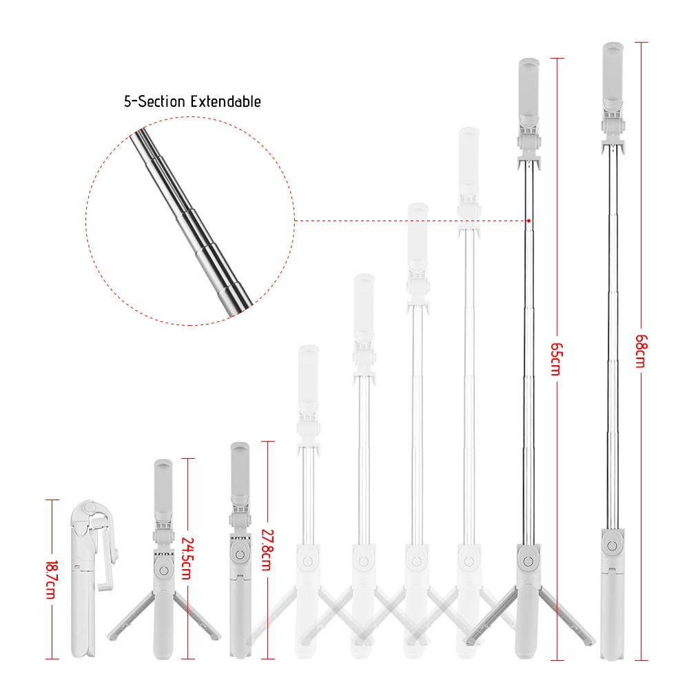 5-Section Extendable Selfie Stick Integrated Universal Phone Holder Tabletop Tripod with BT Remote Controller 10m Wireless Control for iPhone Samsung Huawei Xiaomi Phones