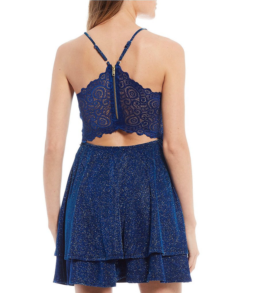 Honey and Rosie Spaghetti Strap Metallic Shine Lace-Bra-Back Fit-and-Flare Dress