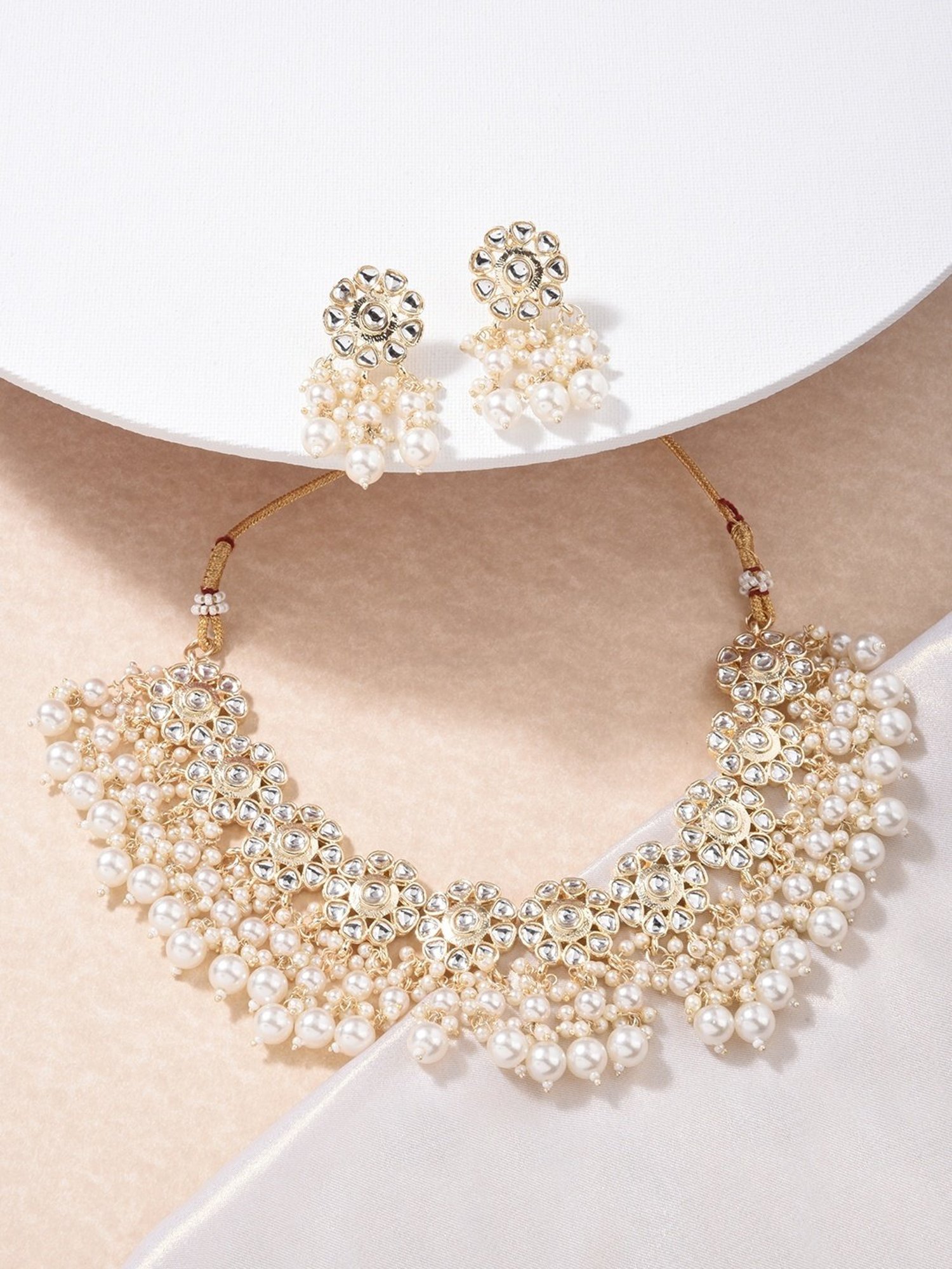 Fida Ethnic South Indian Traditional Antique Gold-Plated Pearl Kundan Choker Necklace Set for Women