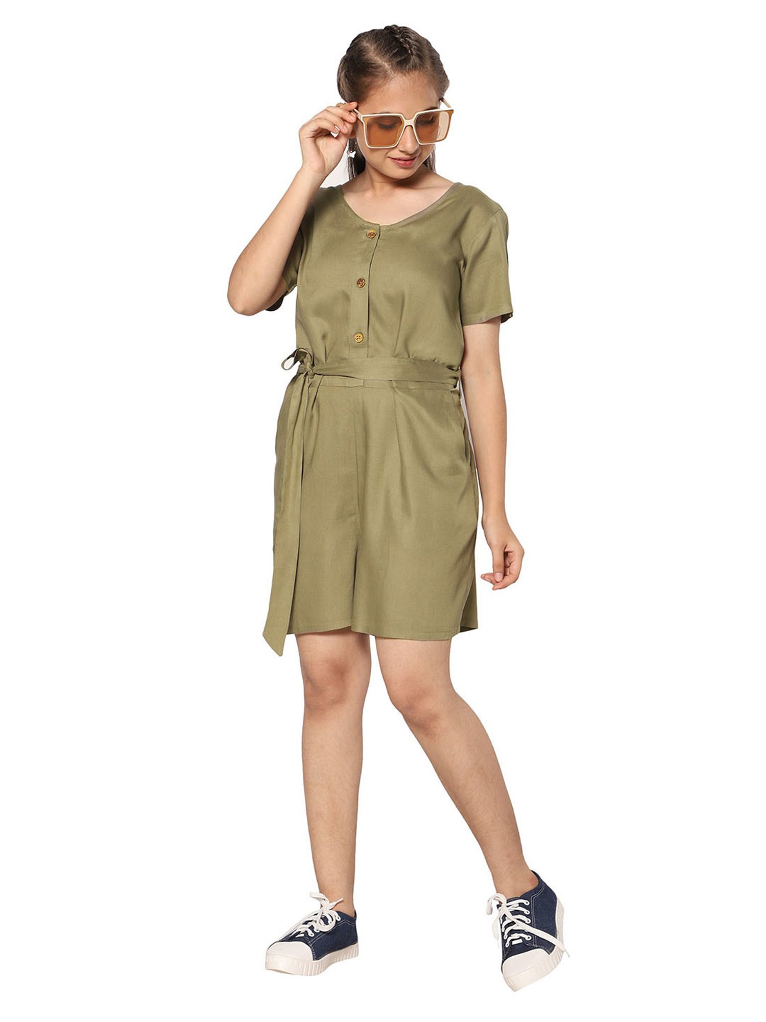 TeenTrums Girls Olive Solid Playsuit