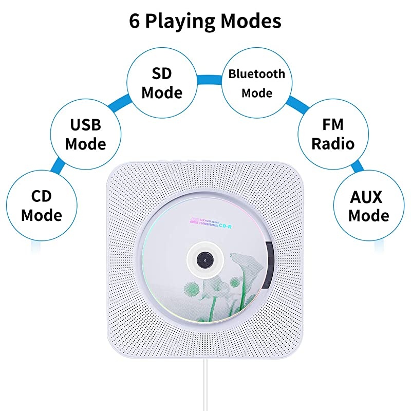 CD Player with Bluetooth, Wall Mounted CD Player with Remote Control Built-in HiFi Speakers FM Radio, Music CD Player Support SD Card USB Playing 3.5mm Headphones AUX in/Out (CD Player)