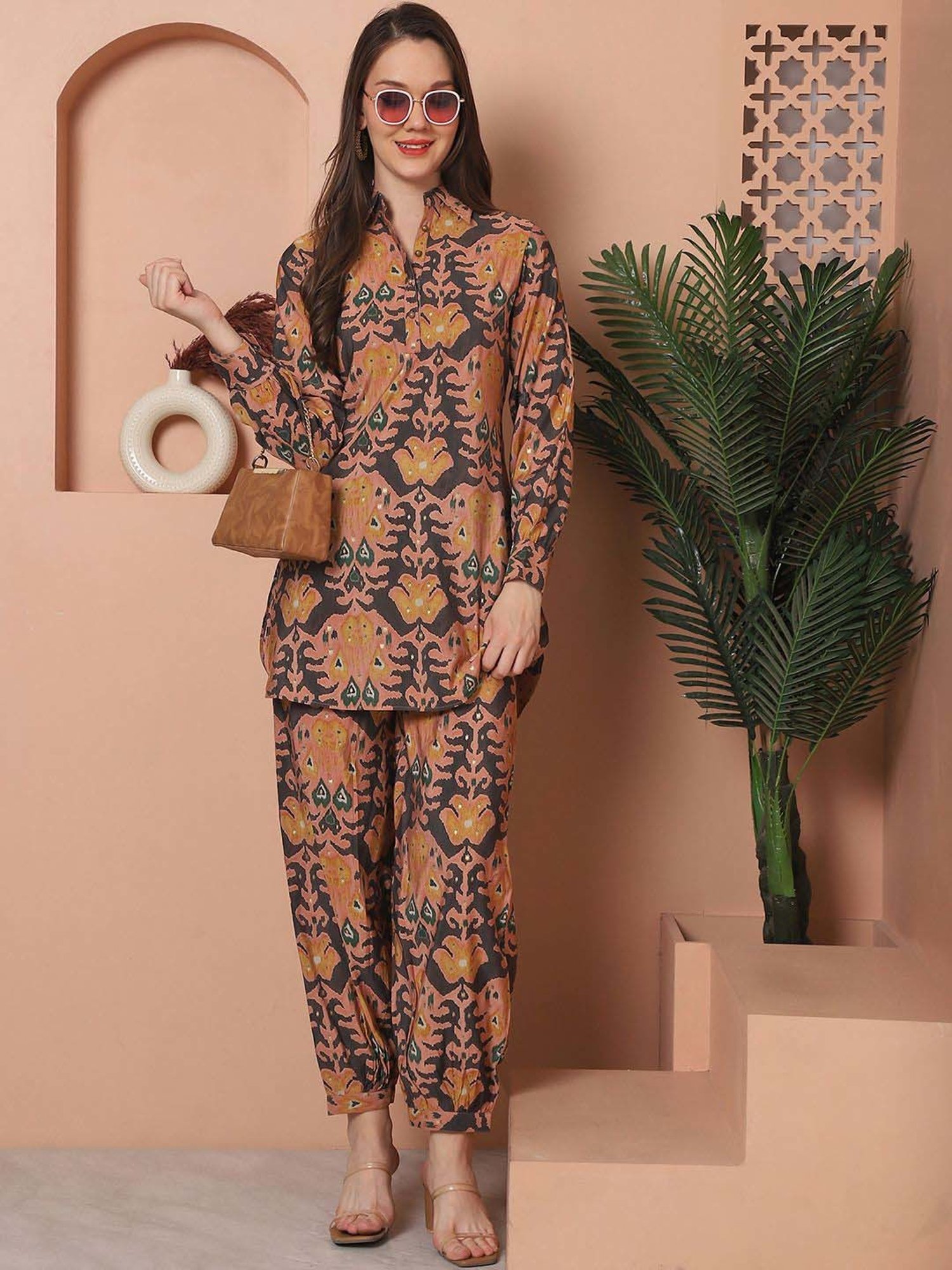 Claura Peach & Brown Printed Top Salwar Set