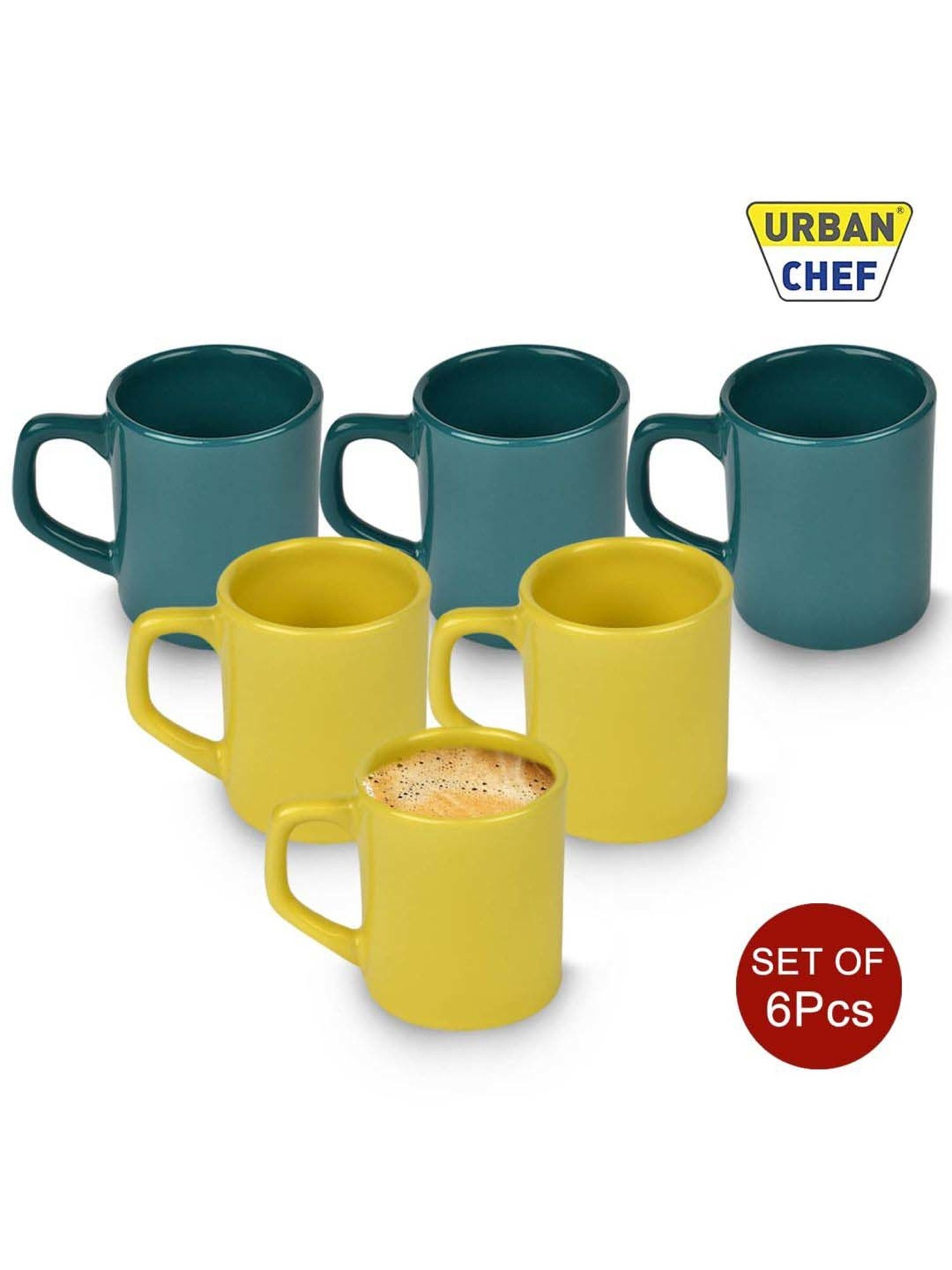 Urban Chef Yellow & Dark Green Ceramic Droite Handcrafted Microwave Safe Cup - Set of 6