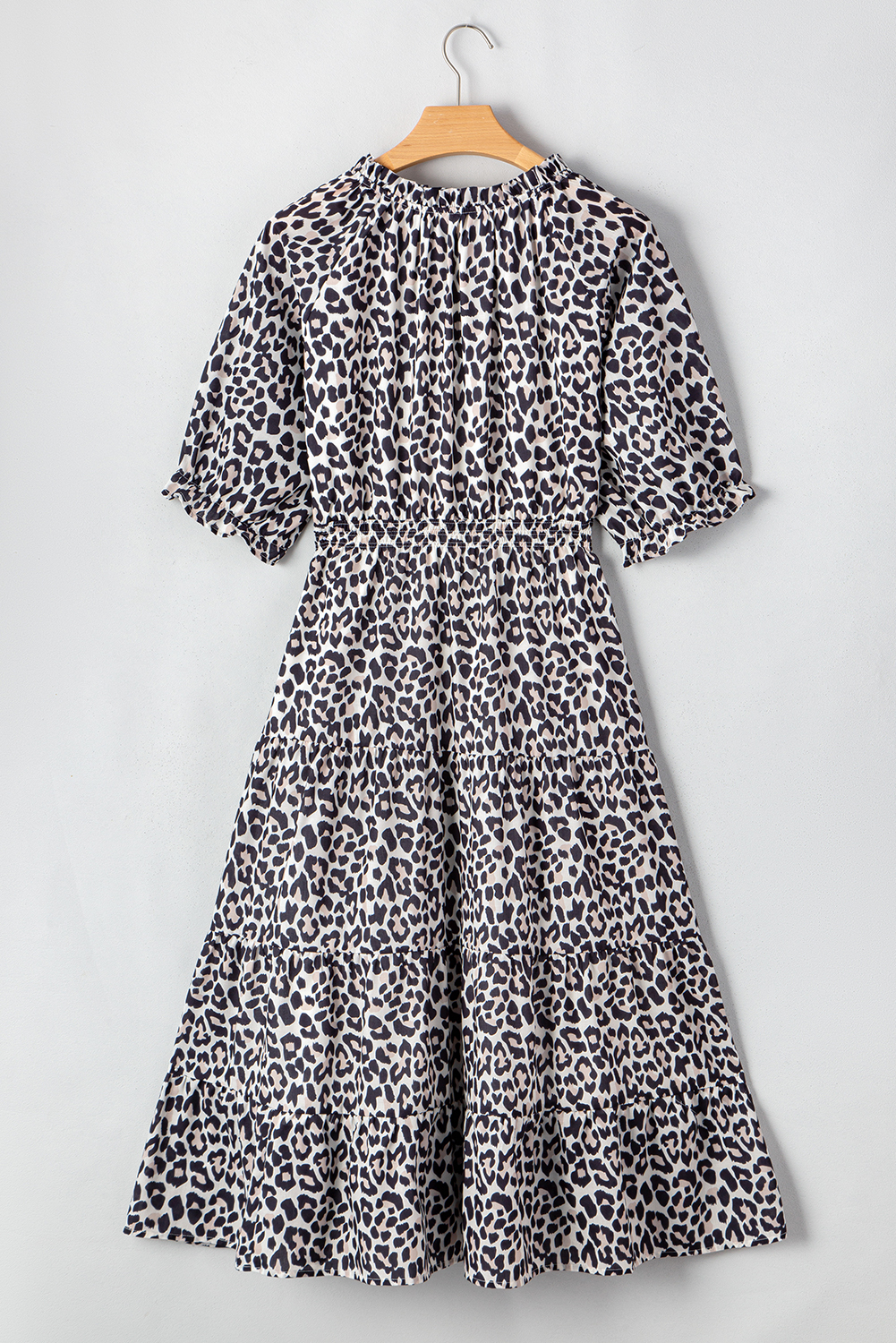 Black Leopard Patchwork Split Neck Ruffle Plus Size Dress