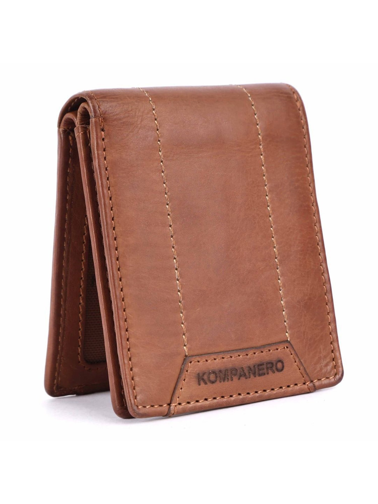 KOMPANERO Leo Cognac Leather Textured Bi-Fold Wallet