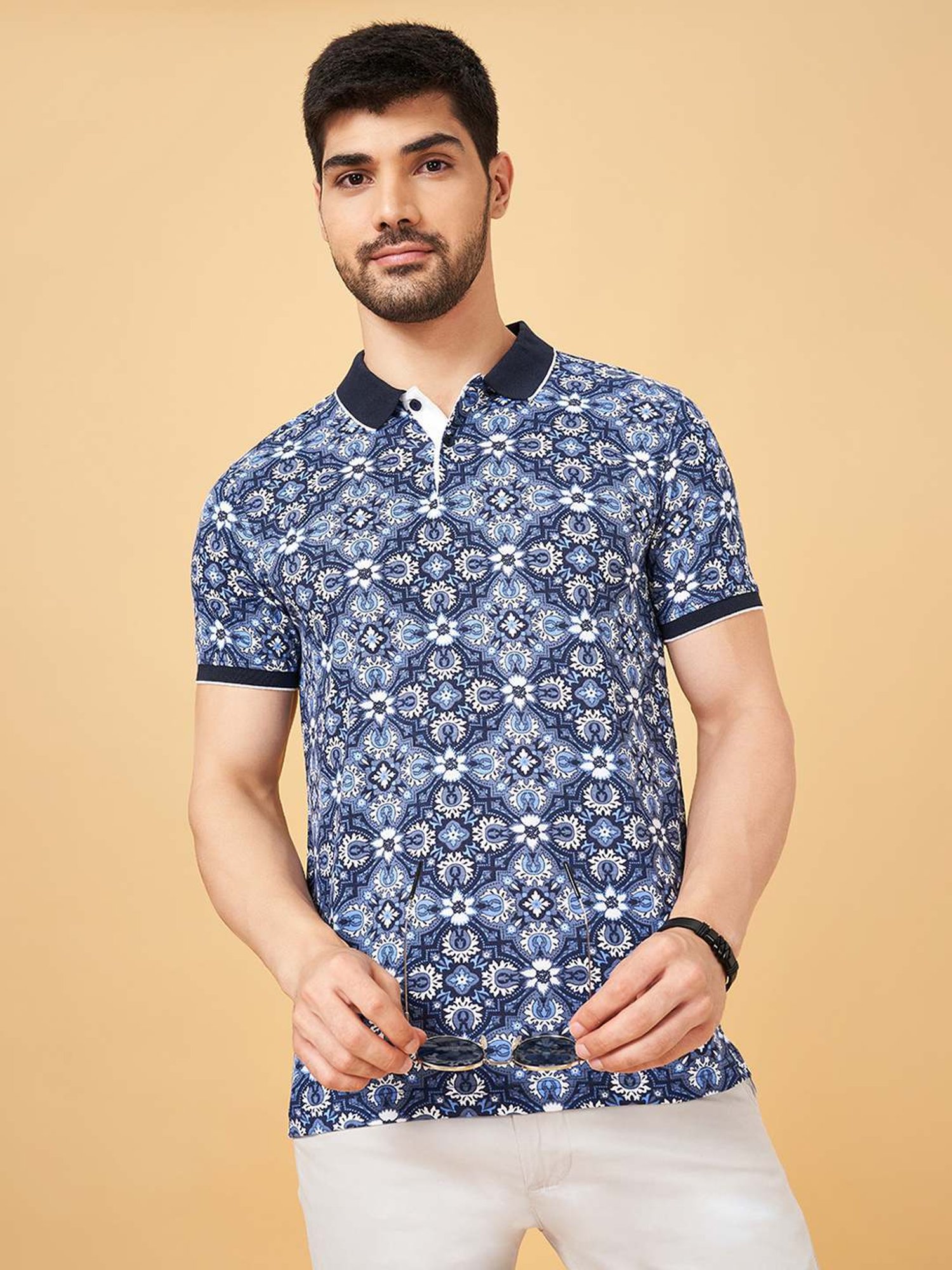 Byford By Pantaloons Navy Slim Fit Printed Polo T-Shirt