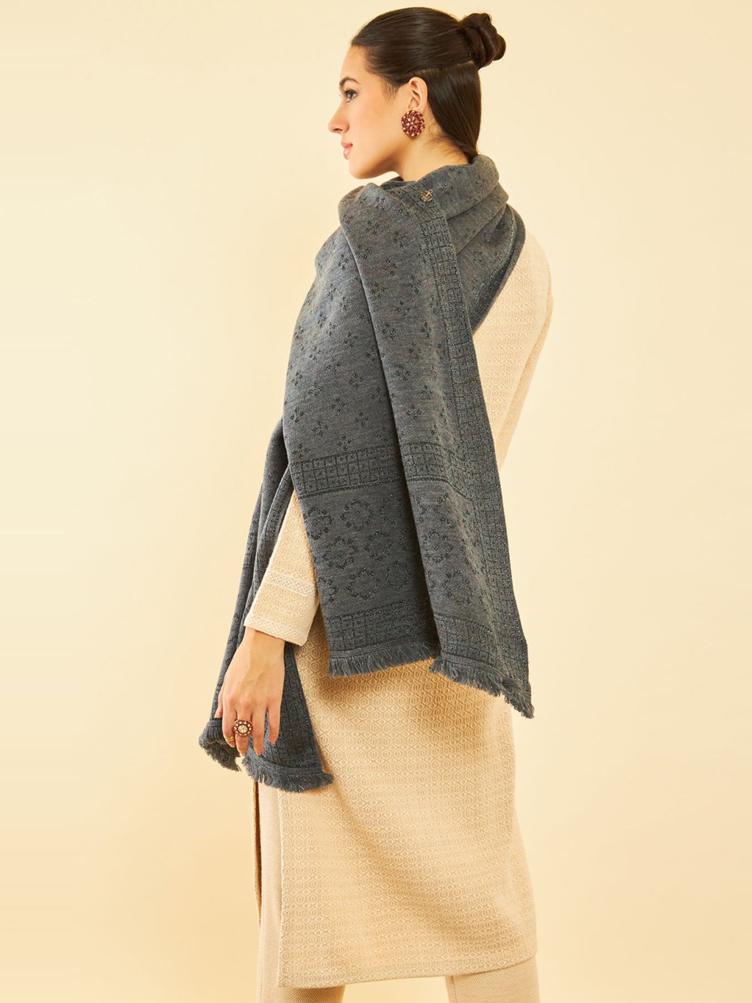 Soch Charcoal Grey Woven Pattern Shawl