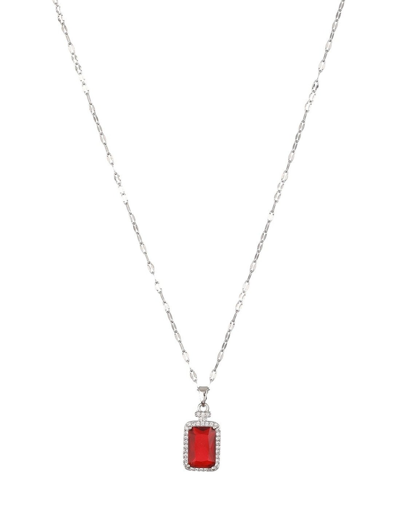 Prita by Priyaasi Red Solitaire Long Link Silver-Plated Necklace