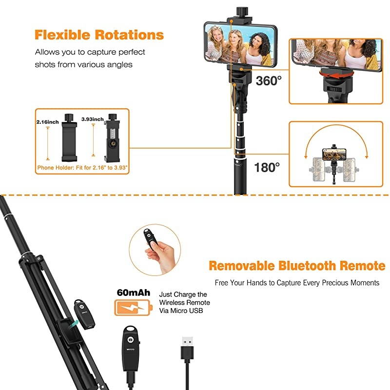 Stick Tripod, 52" Extendable Phone Camera Stick with Tripod Stand & Wireless Remote for Smart Phones, GoPro etc