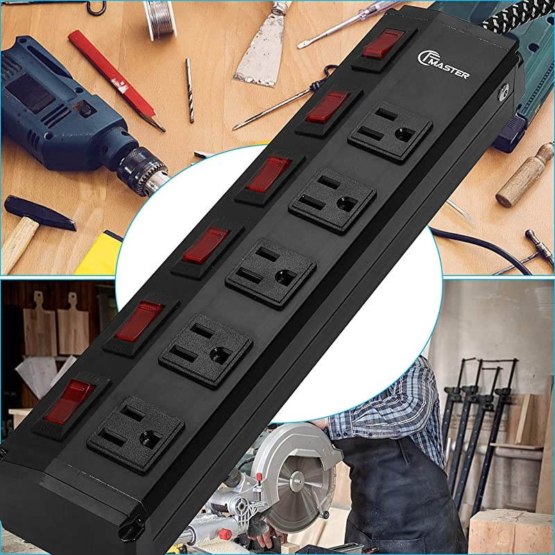 Strip Surge Protector 5 outlets Metal Heavy Duty Extension Cord 6 ft,5 Independent switches with one Master Switch, SGS Certified,Black