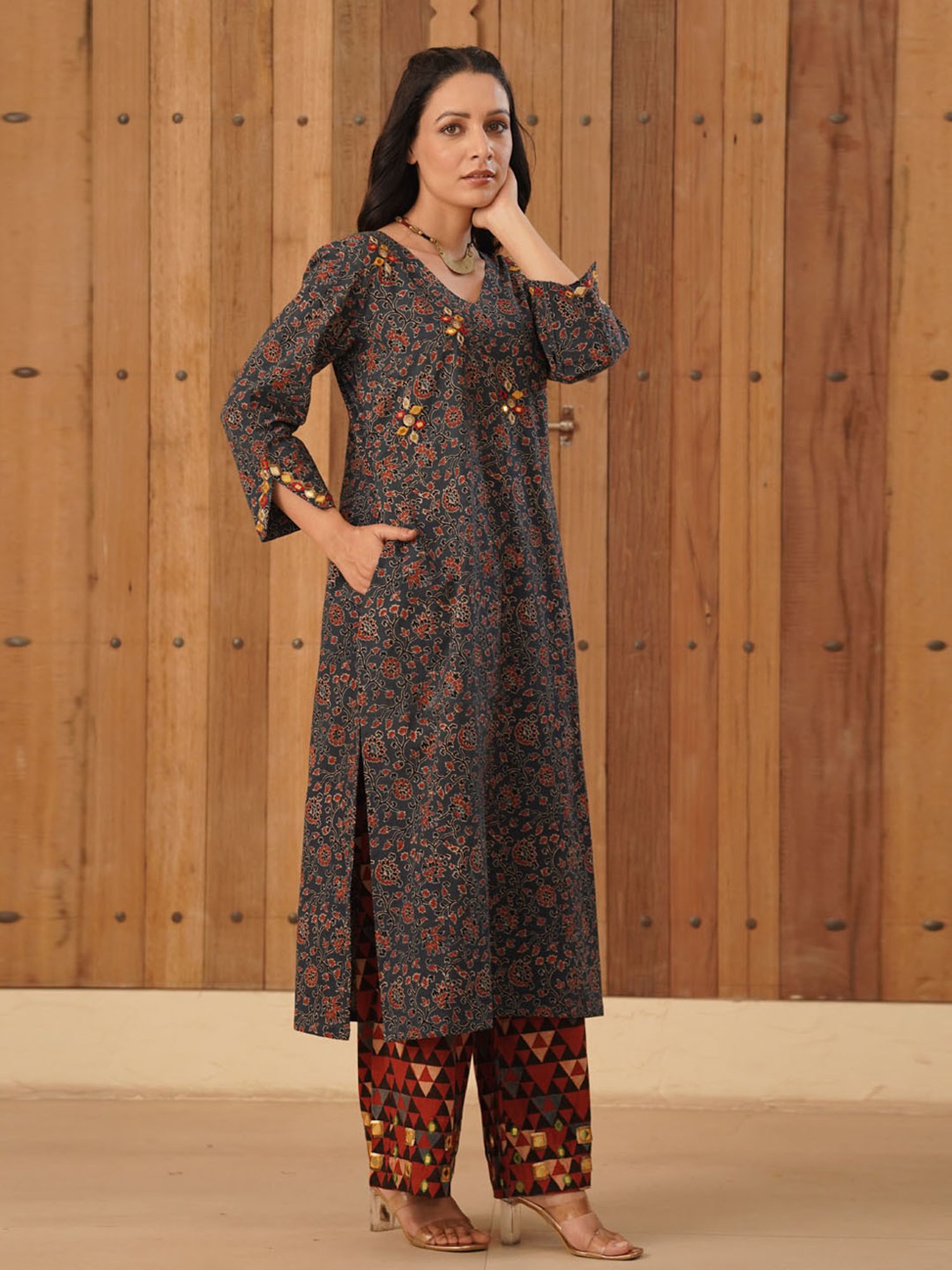 Love Chic Ajrakh Flare Kurta with side slits and 3/4th sleeves