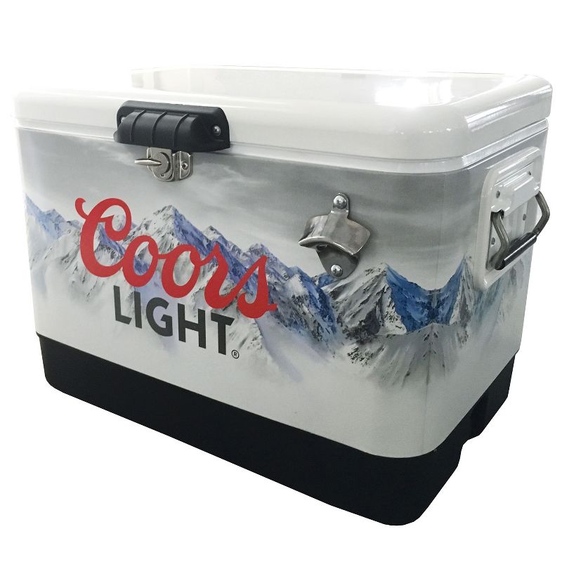 Koolatron Large 54 Quart 85 Can Capacity Portable Retro Coors Light Ice Chest Stainless Steel Hard Cooler with Built In Bottle Opener, White