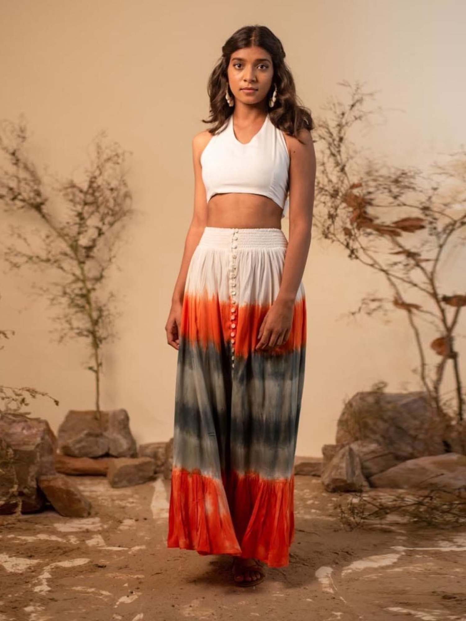 LABEL REYYA White Halter Neck Top And Tie-dye Skirt Co-ord Set (Set Of 2)