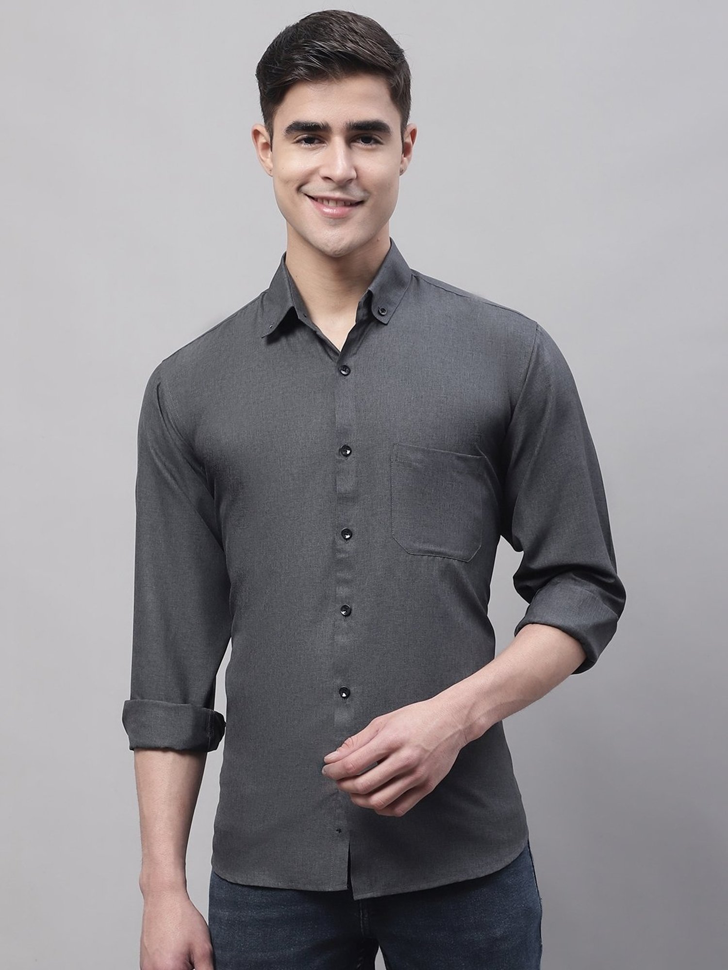 Jainish Grey Cotton Regular Fit Texture Shirt