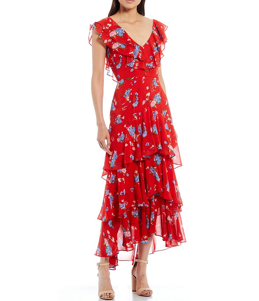 WAYF Chelsea Floral Print V-Neck Cap Sleeve Ruffle Hem Dress