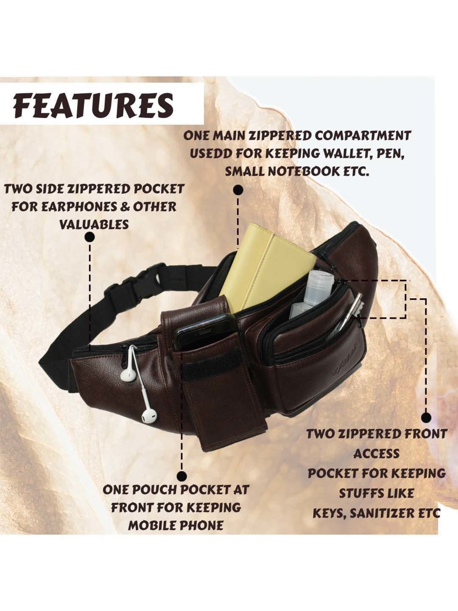 F Gear Brown Solid Waist Pouch
