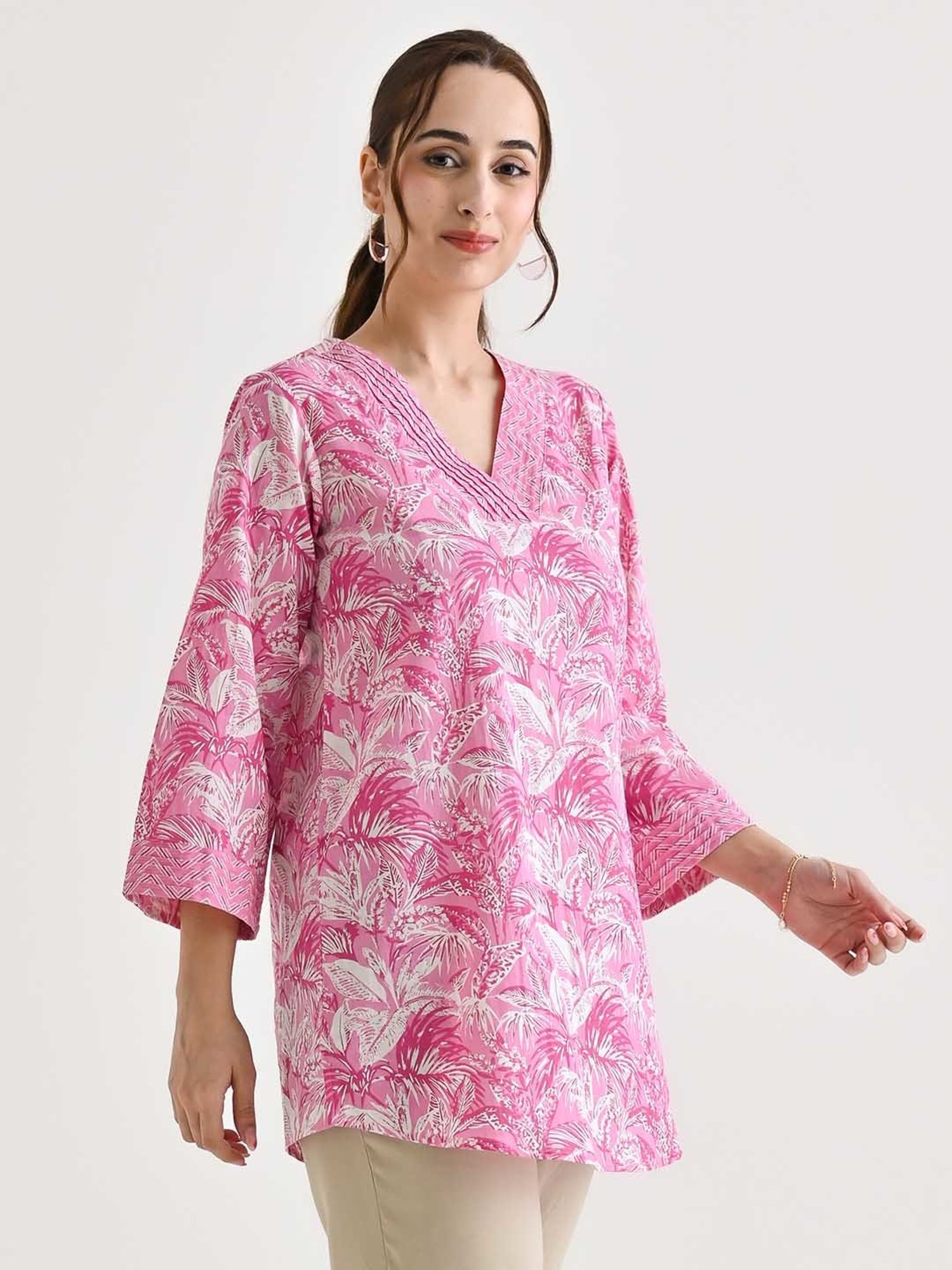 Rustorange Pink Cotton Printed A Line Short Kurti