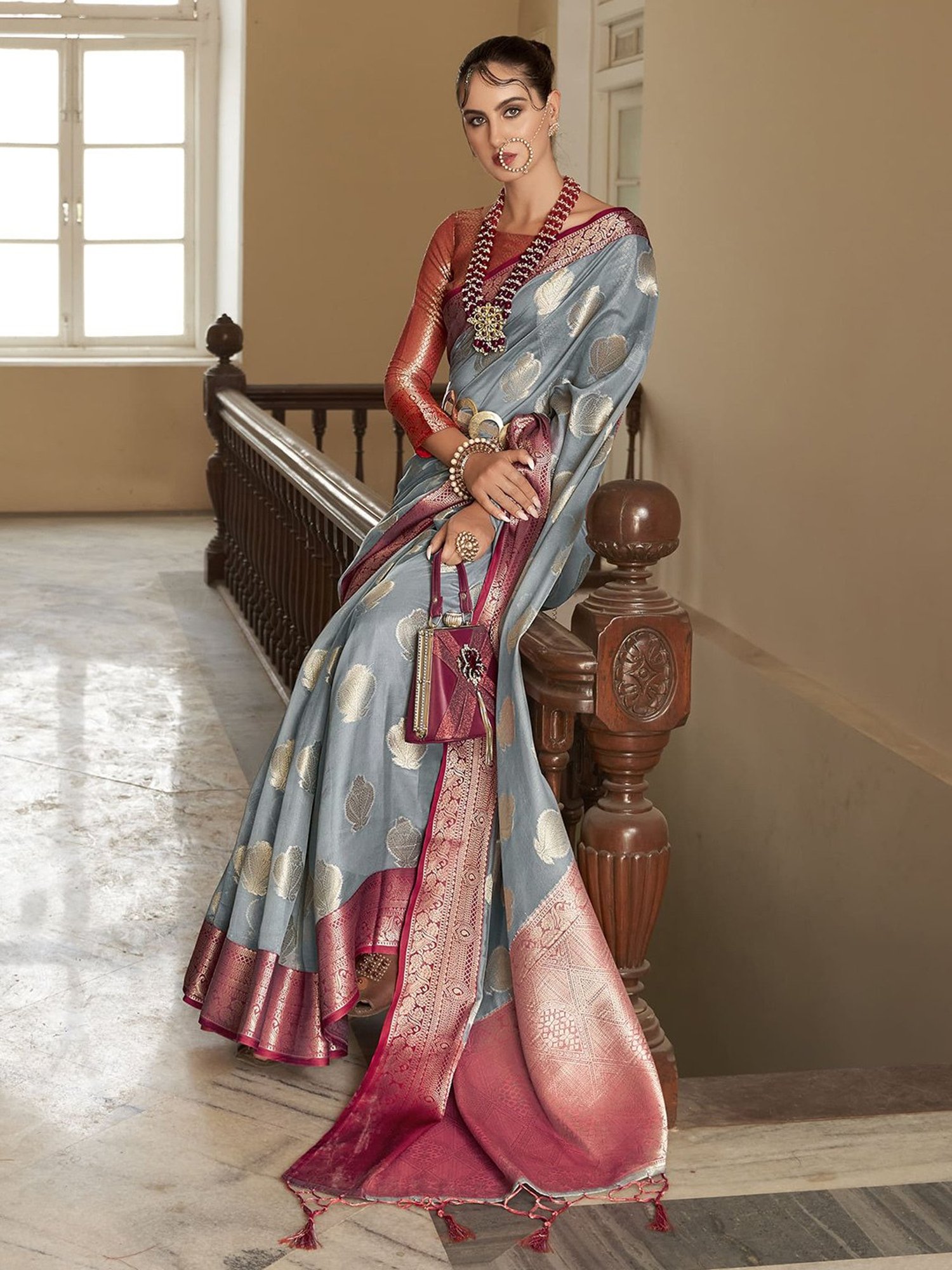Elora Grey Silk Woven Saree With Unstitched Blouse