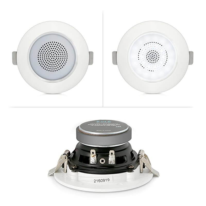3&rdquo; Bluetooth Flush Mount in-Wall in-Ceiling 2-Way Home Speaker System Built-in LED Lights Aluminum Housing Spring Loaded Clips Polyprone Cone & Tweeter Stereo 200W, Set of 4 (PDIC4CBTL3B) , White