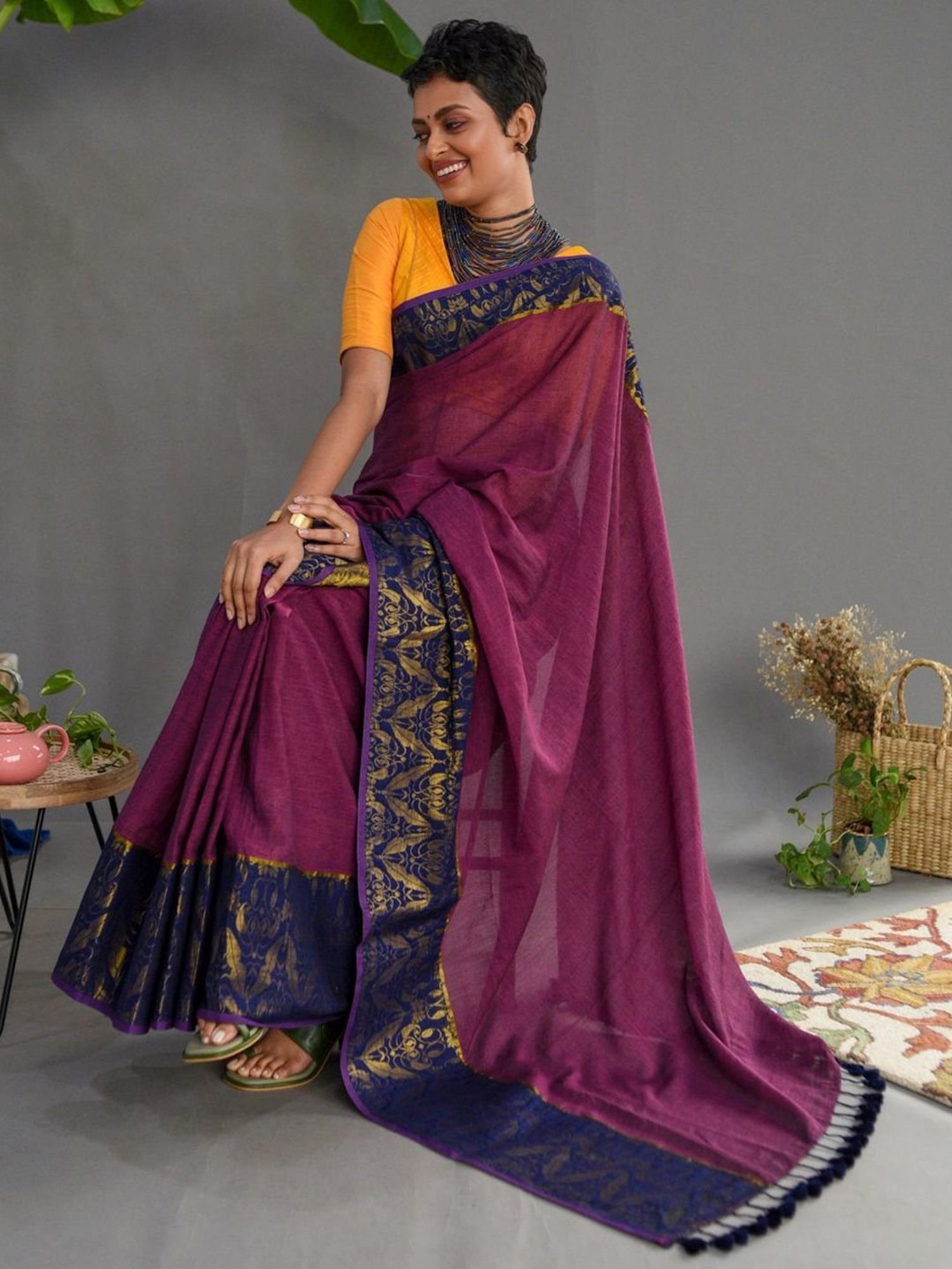 Suta Purple & Navy Cotton Woven Saree Without Blouse