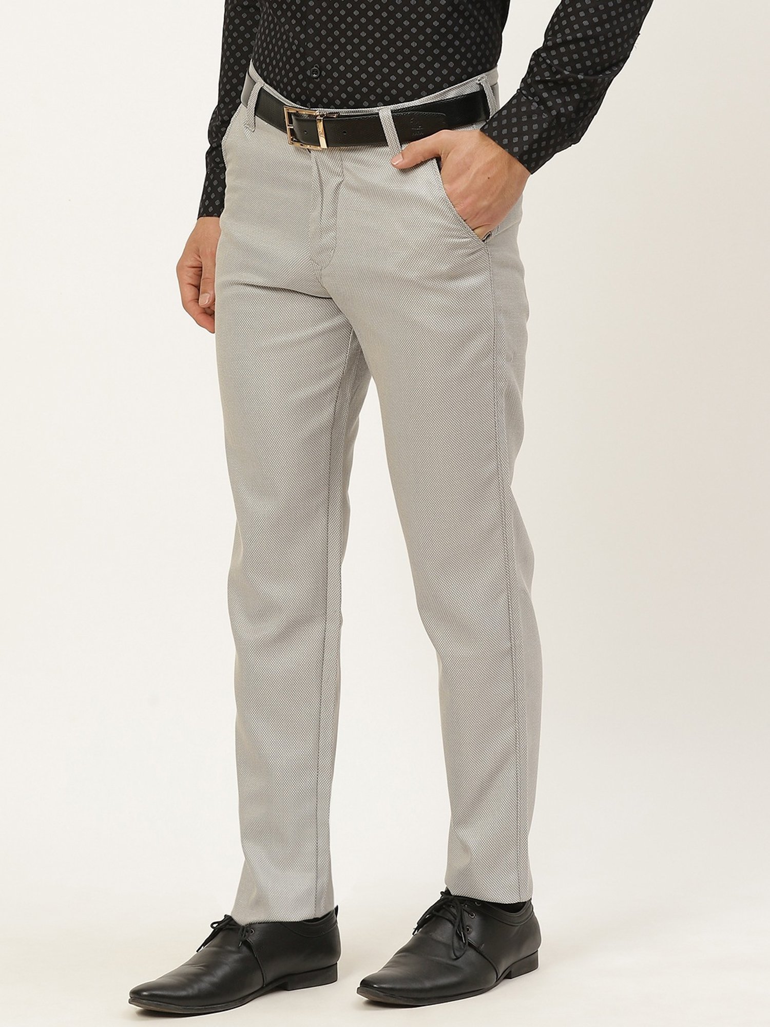 Sojanya Grey Cotton Regular Slim Fit Self Pattern Flat Front Trousers