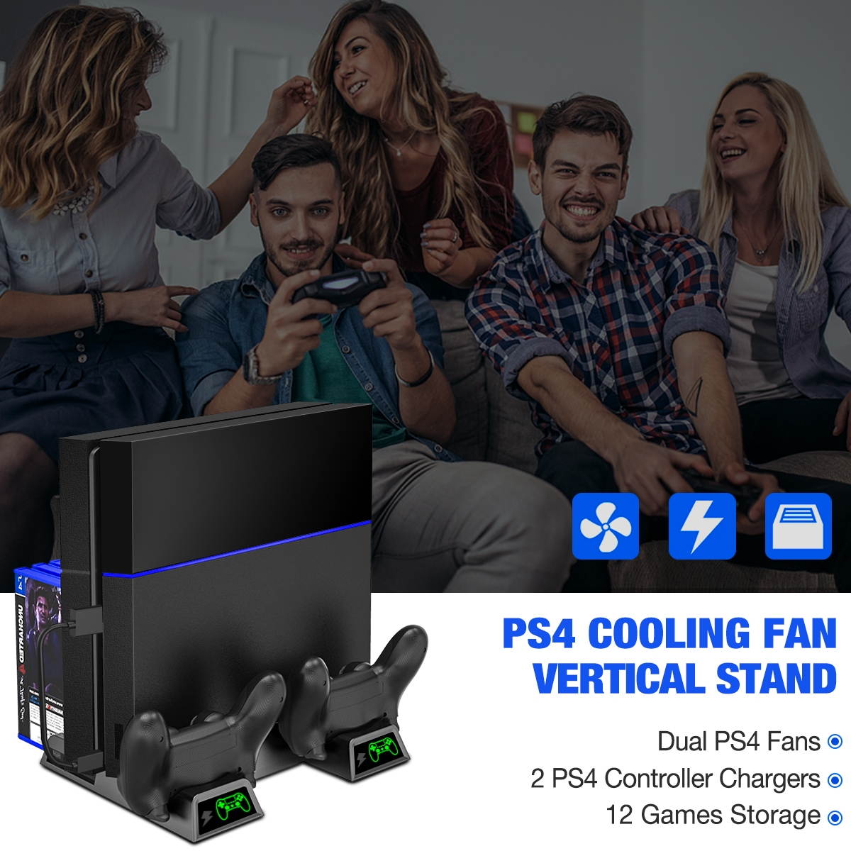 PS4 Vertical Stand Cooling Fan for PS4 Slim/ PS4 Pro/ Regular PlayStation4, PS4 Stand Controller Charger Station for Dual Charging, PS4 Accesossries with Game Storage for Playstation Consoles