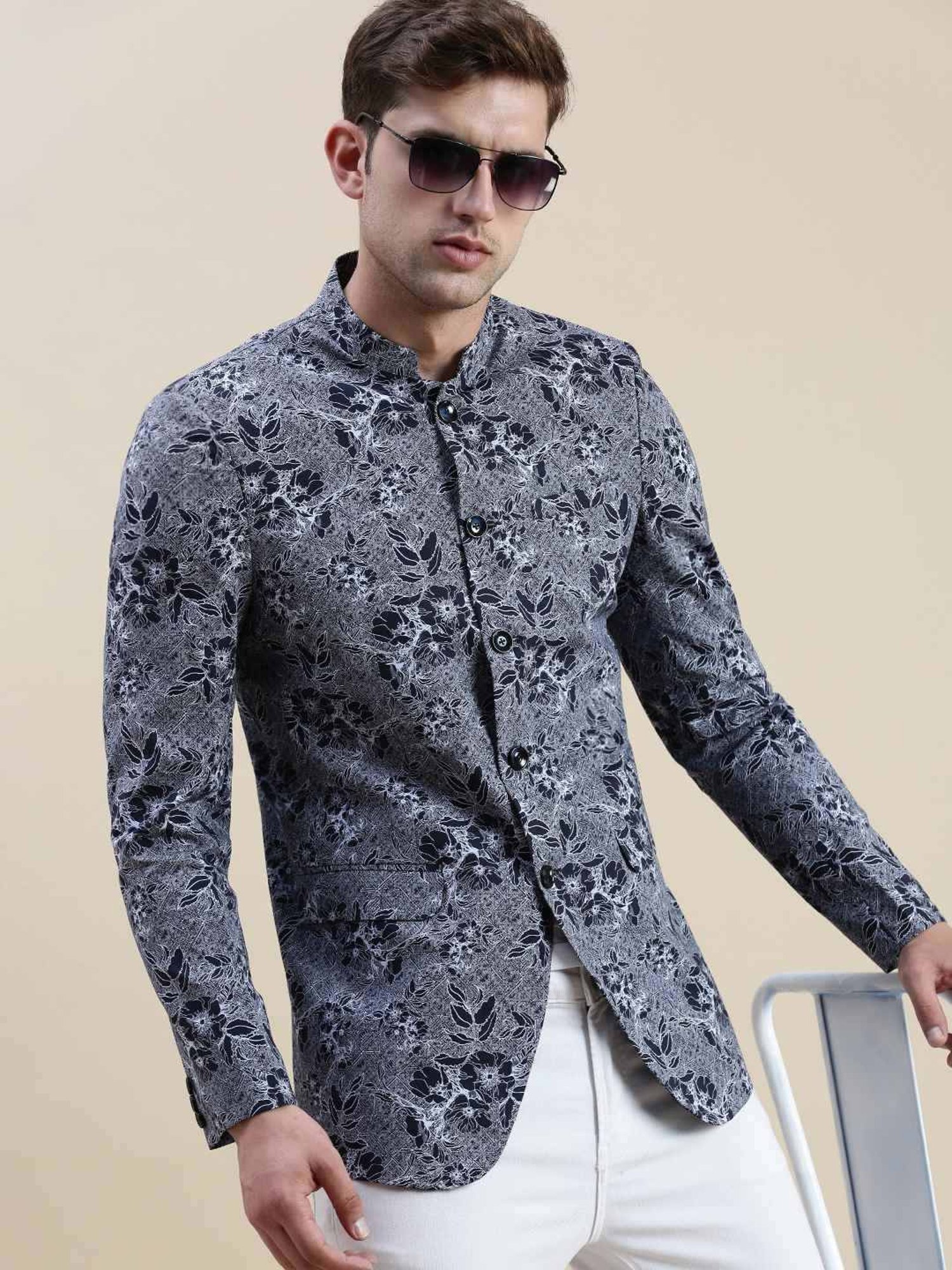 SHOWOFF Grey Cotton Slim Fit Printed Blazer
