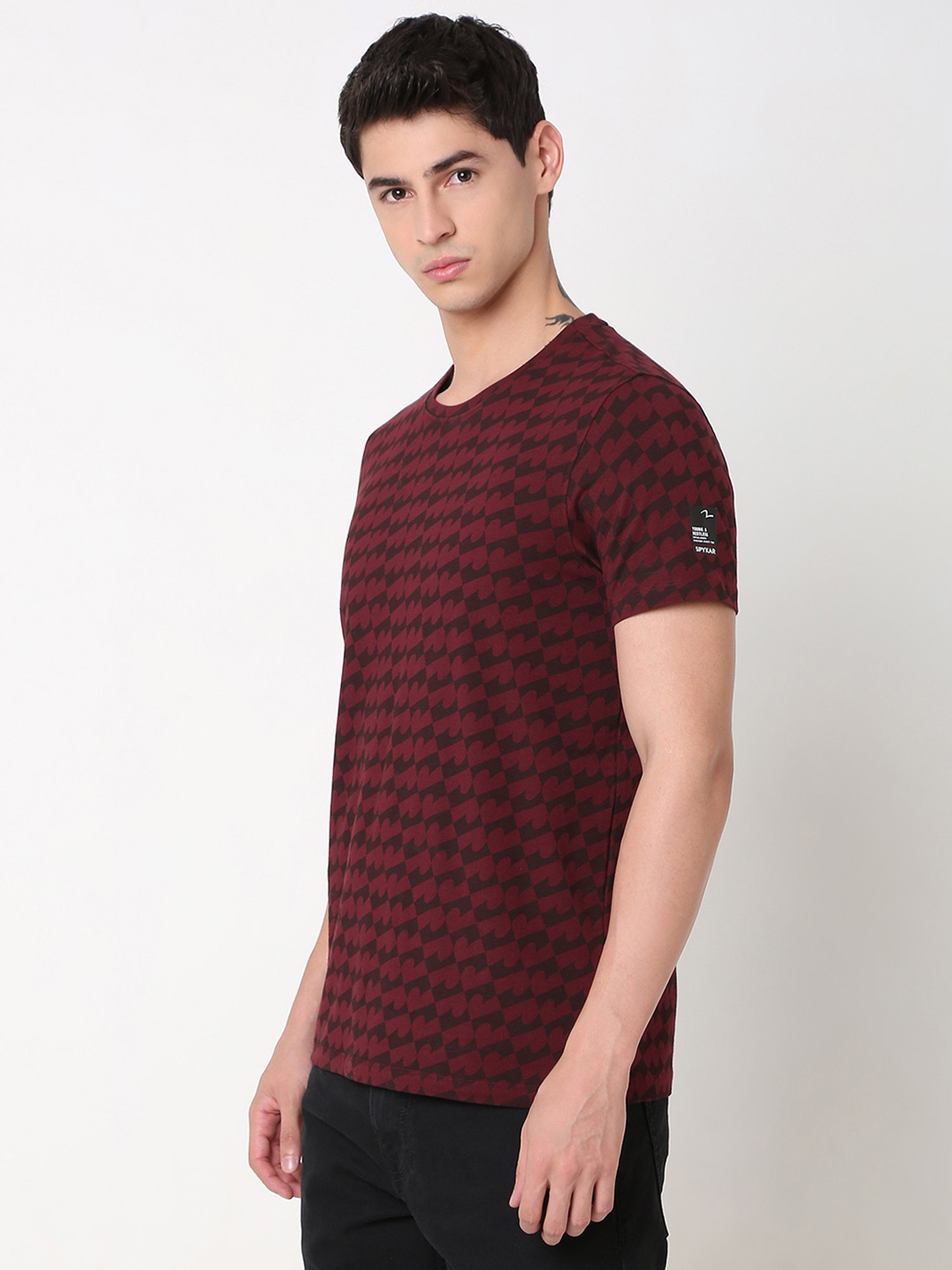 Spykar Maroon Slim Fit Printed Crew T-Shirt