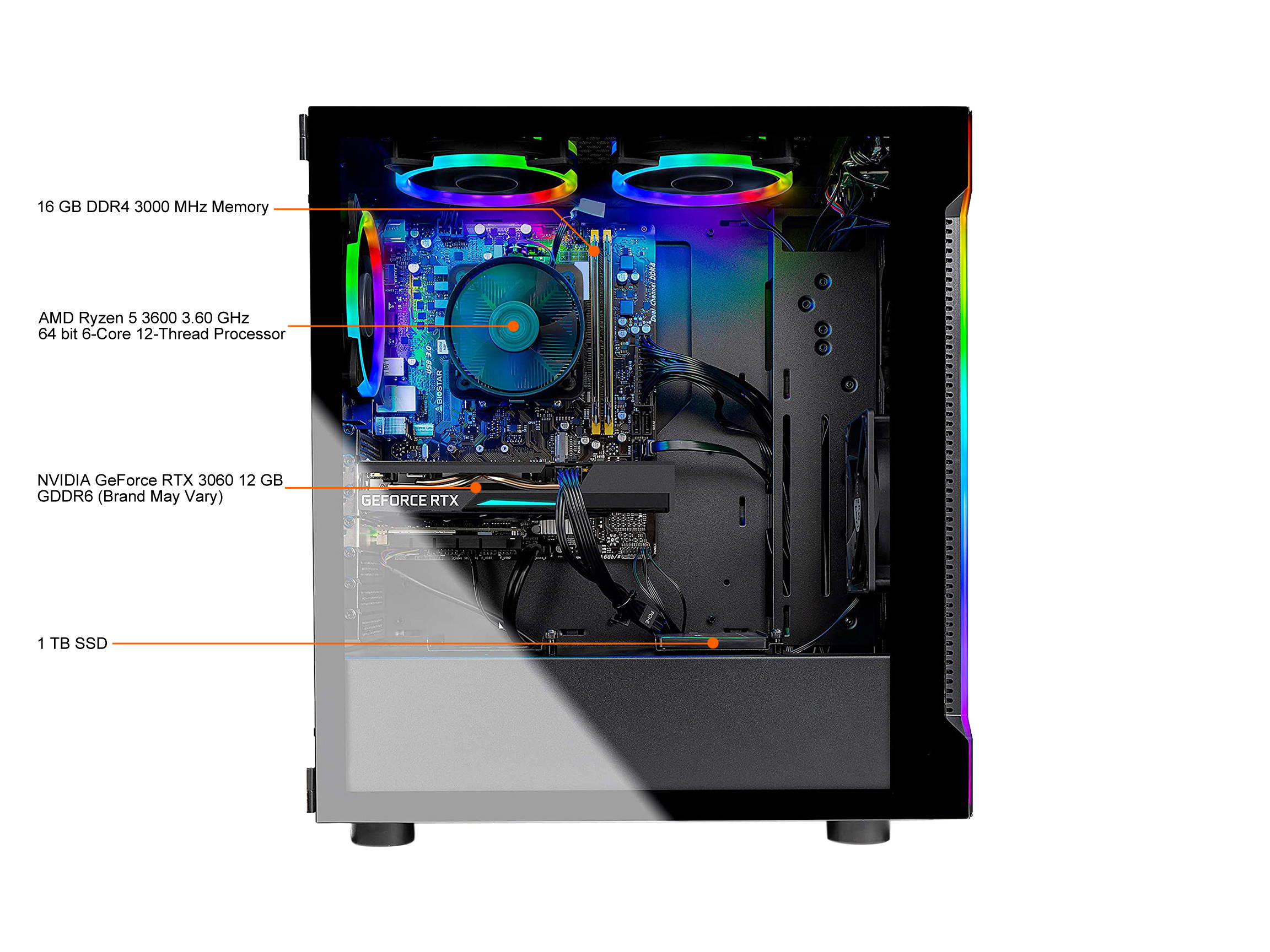 Skytech Shadow 3.0 Gaming Computer PC Desktop - Ryzen 5 3600 3.60 GHz, RTX 3060 12 GB, 1 TB SSD, 16 GB DDR4 3000, B450 MB, RGB Fans, AC WiFi, 600W Gold PSU, Windows 10 Home 64-bit