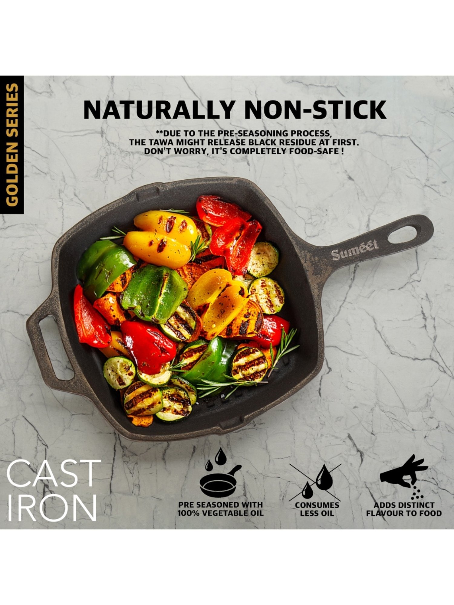 Sumeet Gold Pre Seasoned Cast Iron Grill Pan for Grill/Roast-28cm,3.180kg,Gas&Induction-Friendly