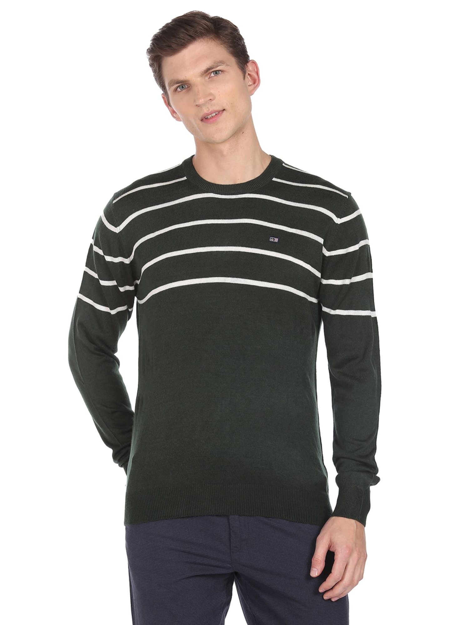 Arrow Sport Olive Regular Fit Striped Sweater