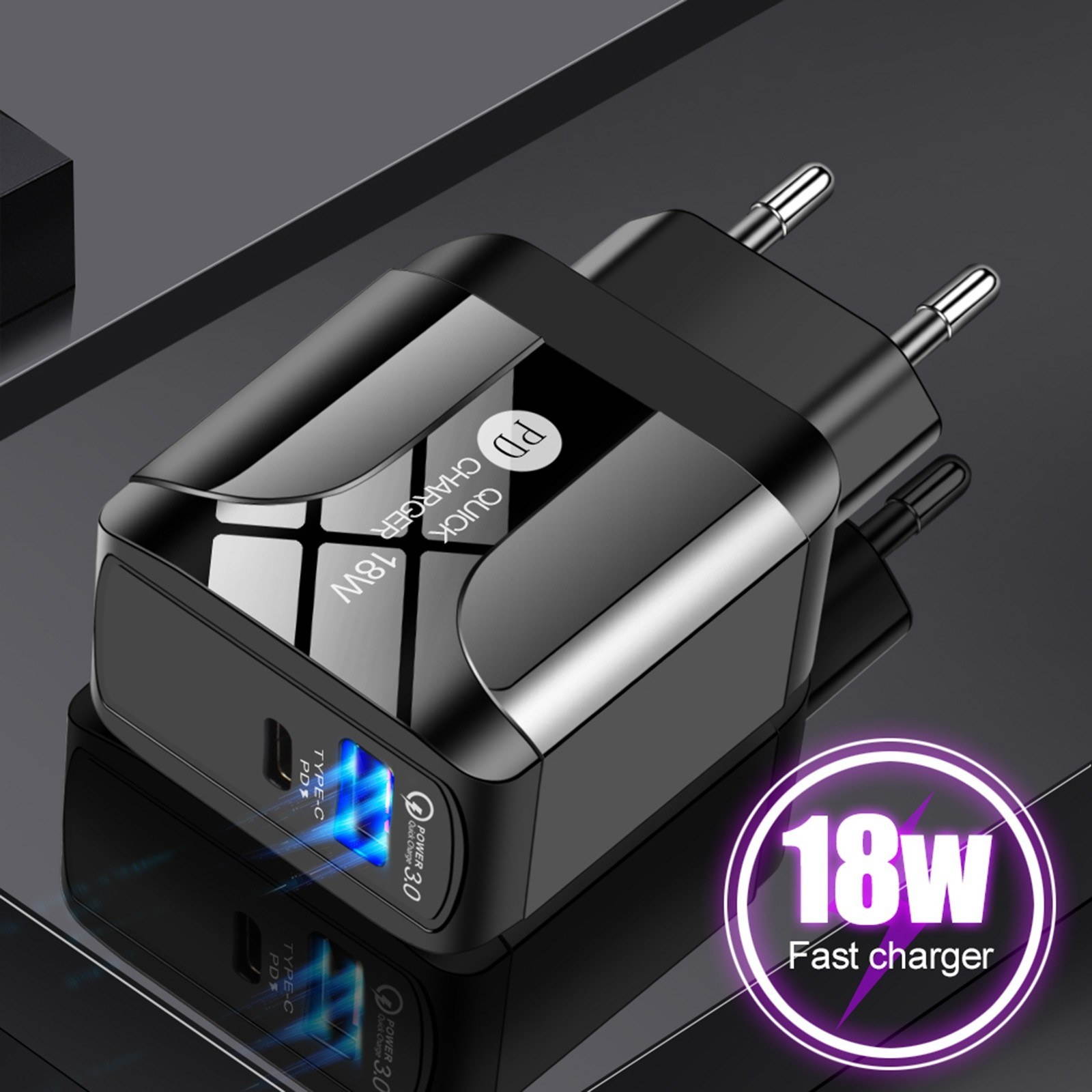 18W PD Quick C-harger with LEDs Illuminated Design F-ast Chargring Adapter with Type C/ USB Chargeing Port