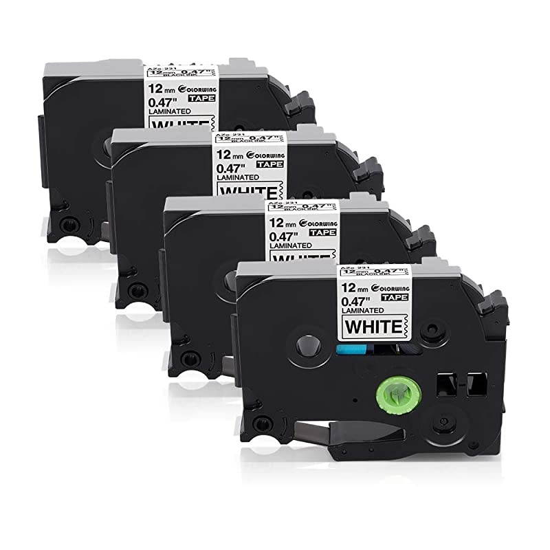 Compatible Label Tape Replacement for Brother Ptouch TZe-231 TZe231 TZ-231 TZ231 12mm 0.47 inch Laminated TZe TZ Label Tape, Black on White, for Brother PTD210 PTH110 PTD400 PTD600, 4 Pack