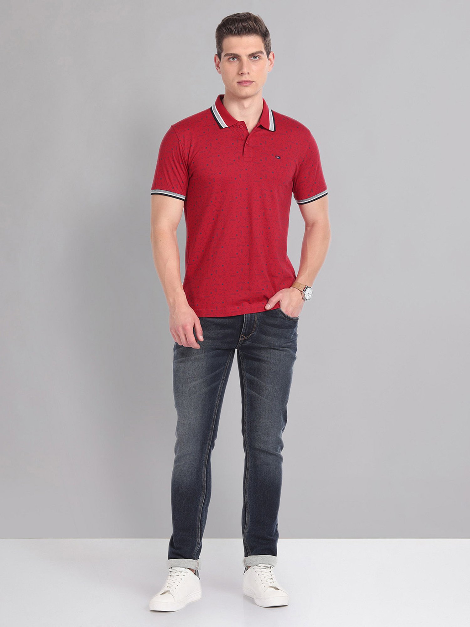 AD by Arvind Red Slim Fit Printed Polo T-Shirt