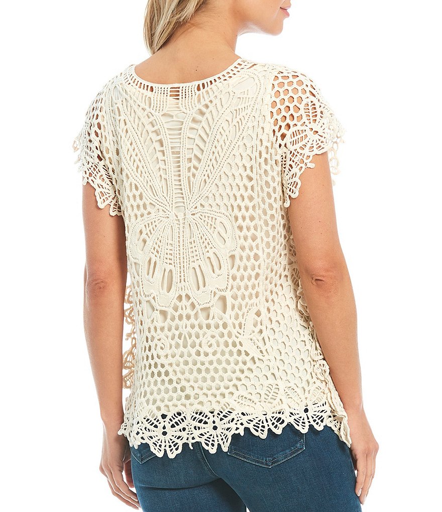 One World Apparel Crochet Short Sleeve Scoop Neck Top