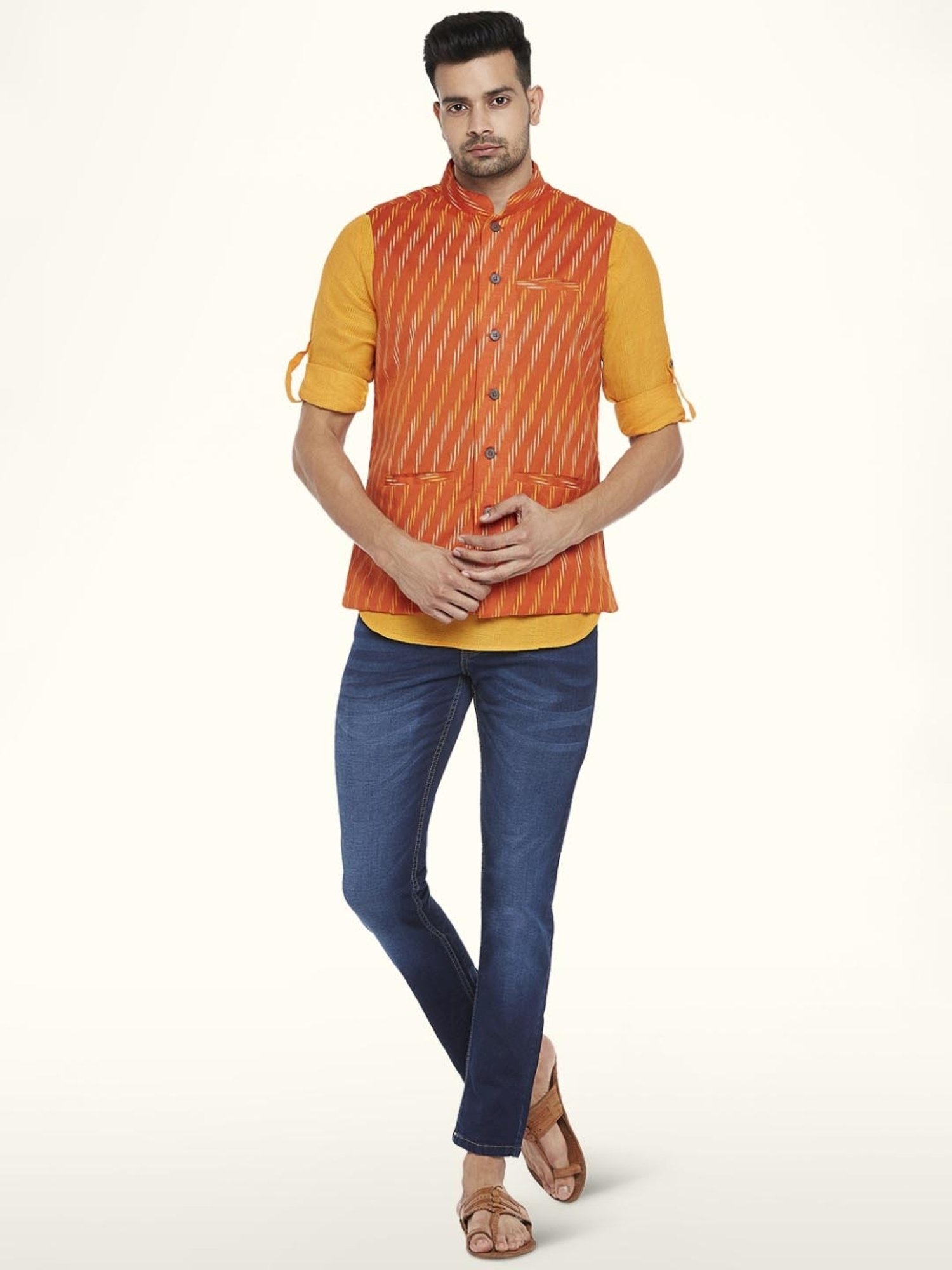 Indus Route By Pantaloons Rust Orange Cotton Regular Fit Printed Nehru Jacket