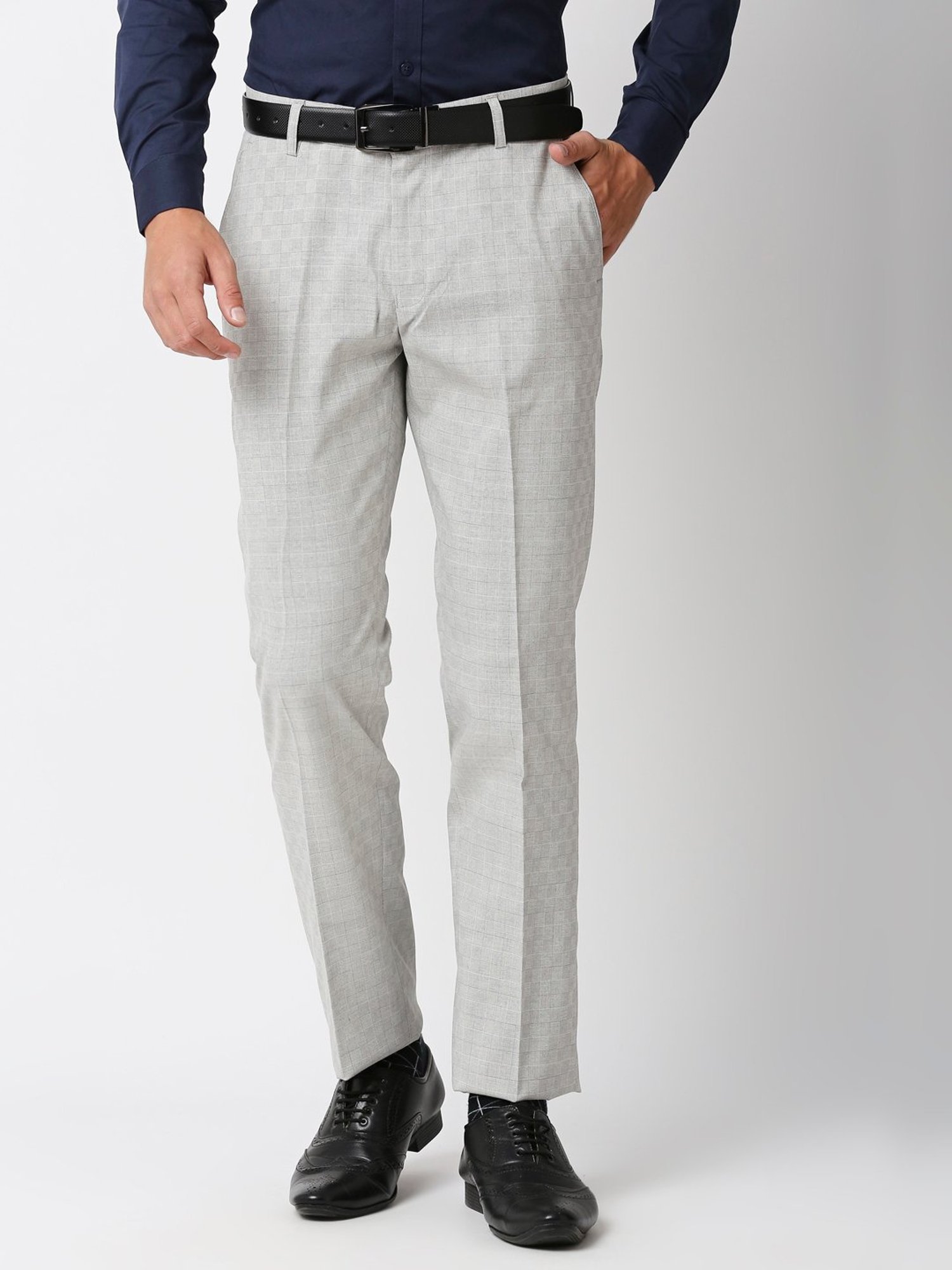 SOLEMIO Light Grey Slim Fit Check Flat Front Trousers
