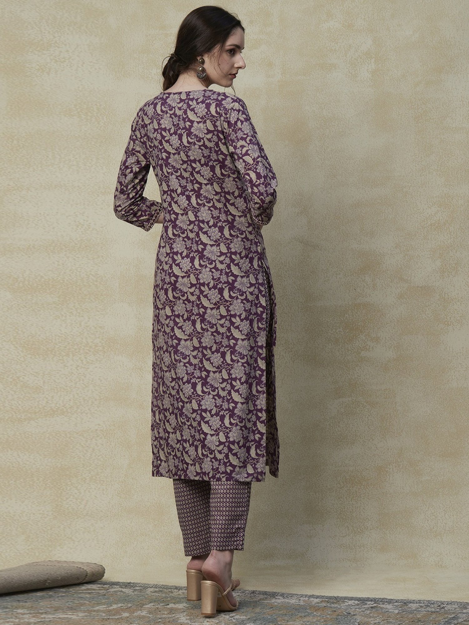 Fashor Purple Cotton Printed Kurta Pant Set